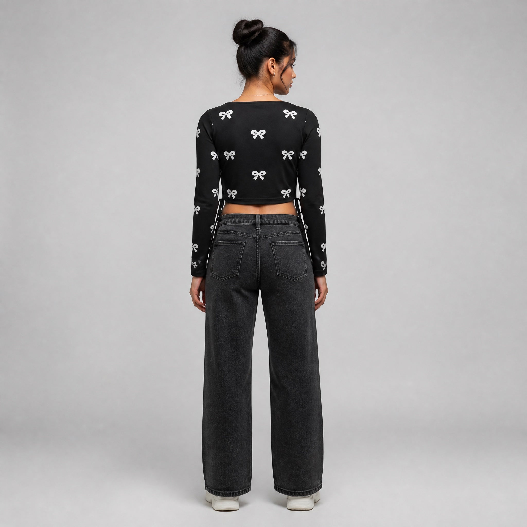 The Silent Bow - Black ( White Bow ) Print Crop top