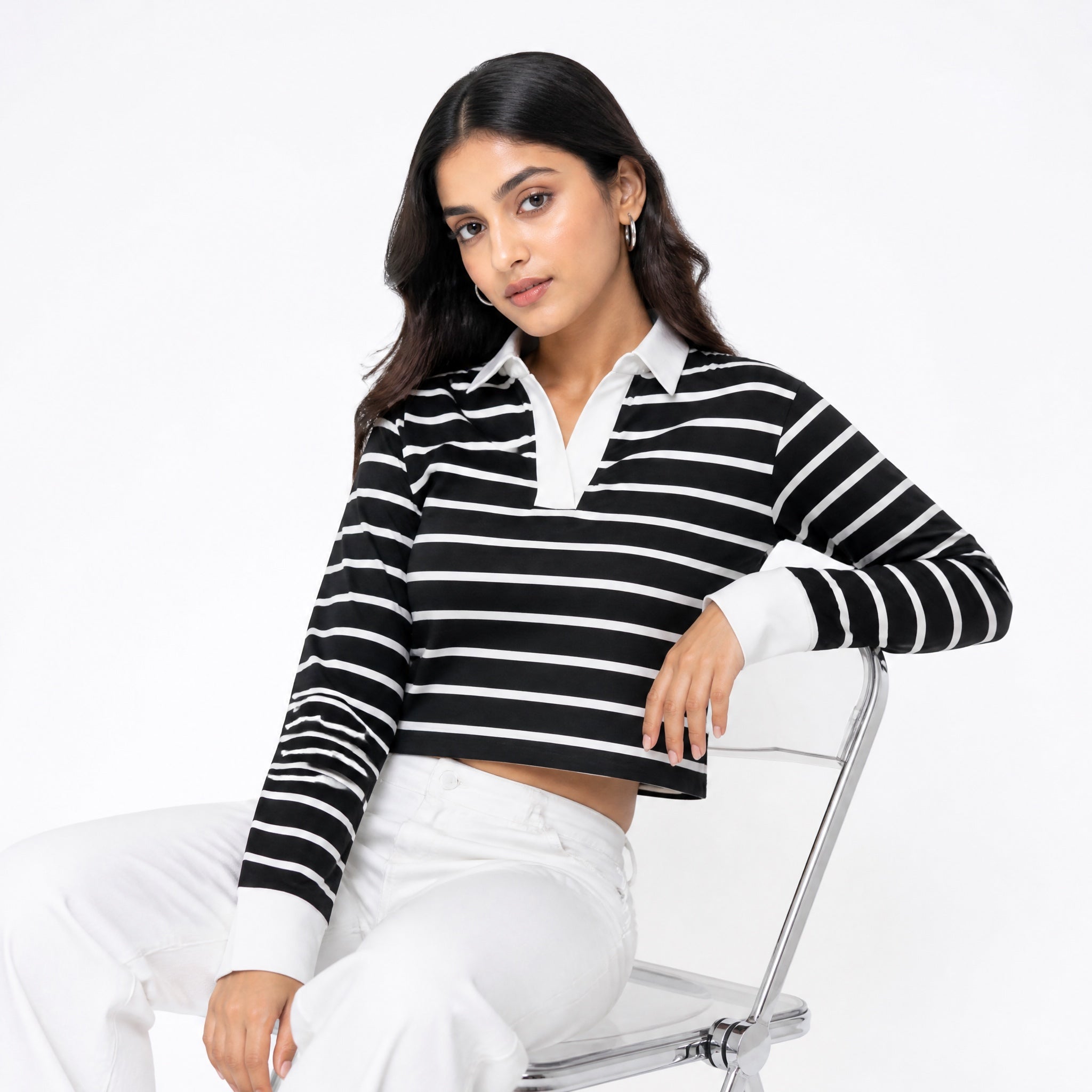 The Composed Stripe - Navy And White Full sleeve Crop Top