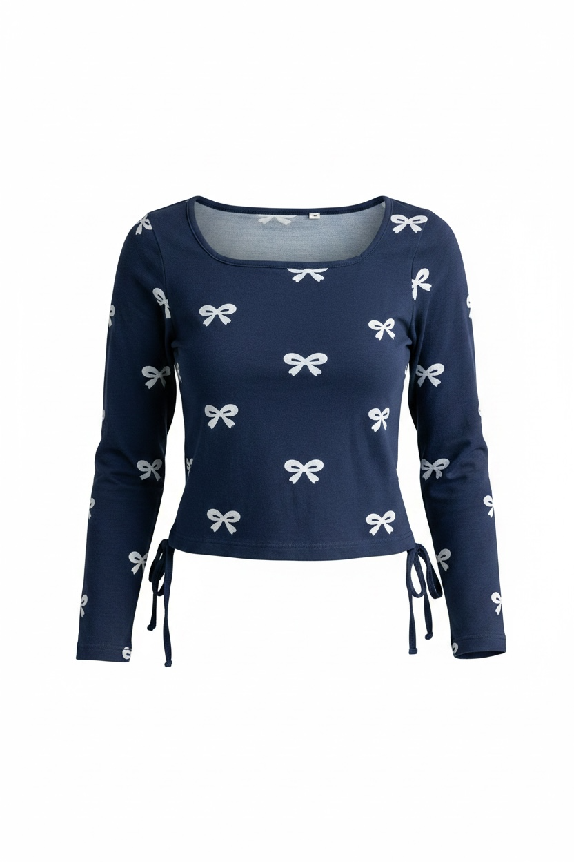 The Poised Bow - Blue ( White Bow ) Print Crop top