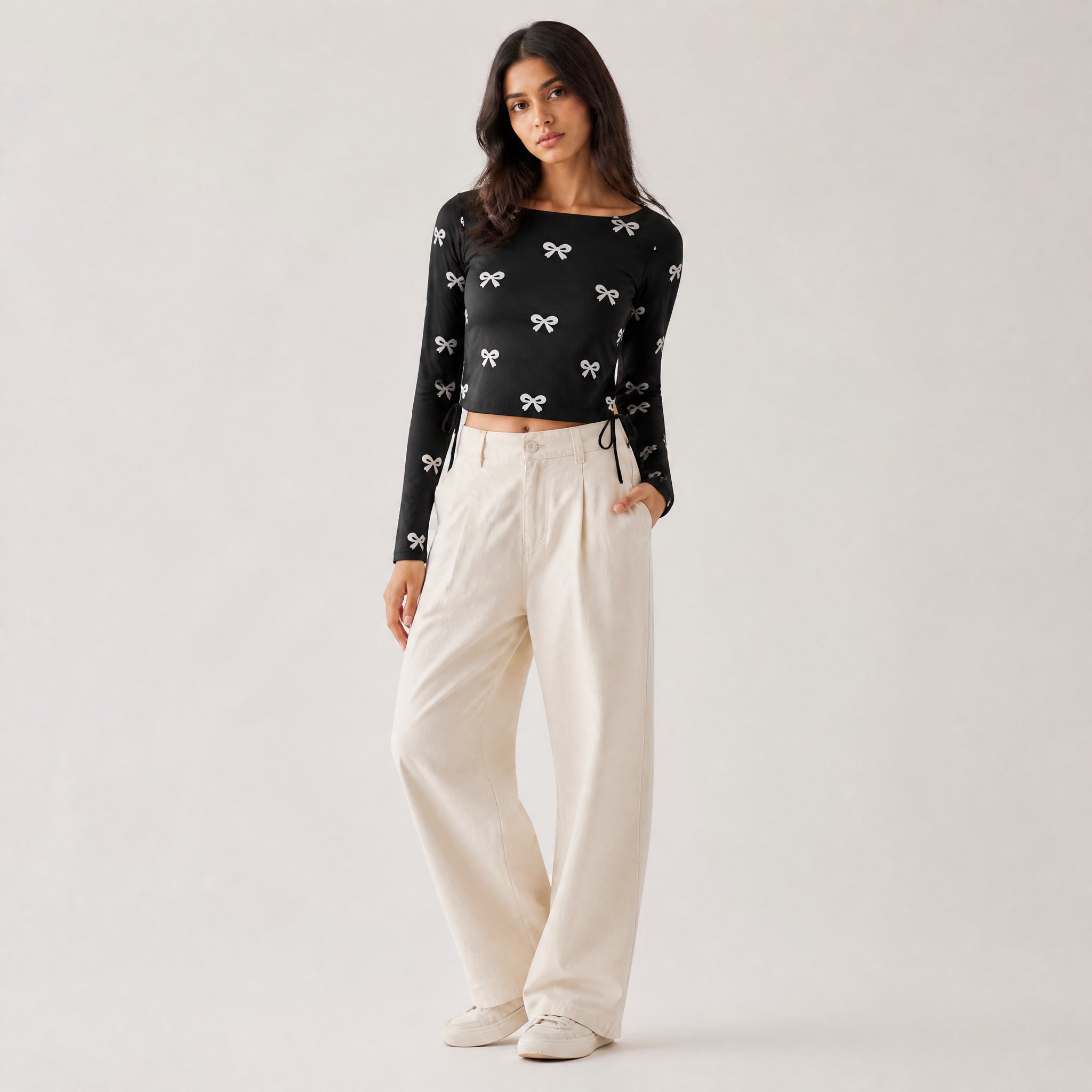 The Silent Bow - Black ( White Bow ) Print Crop top
