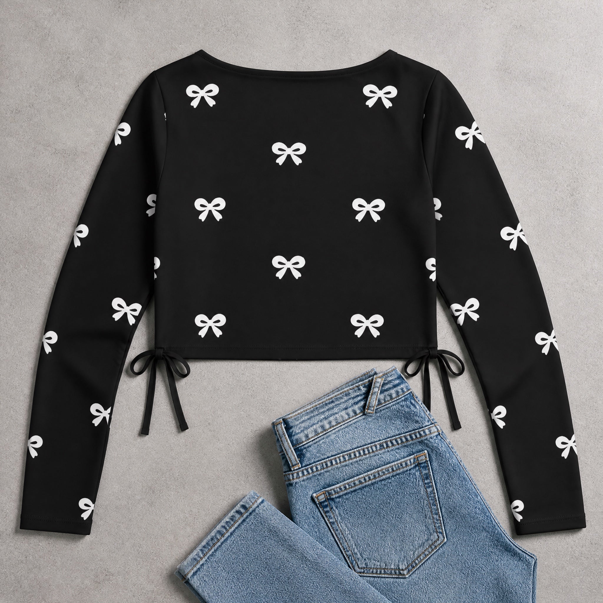The Silent Bow - Black ( White Bow ) Print Crop top