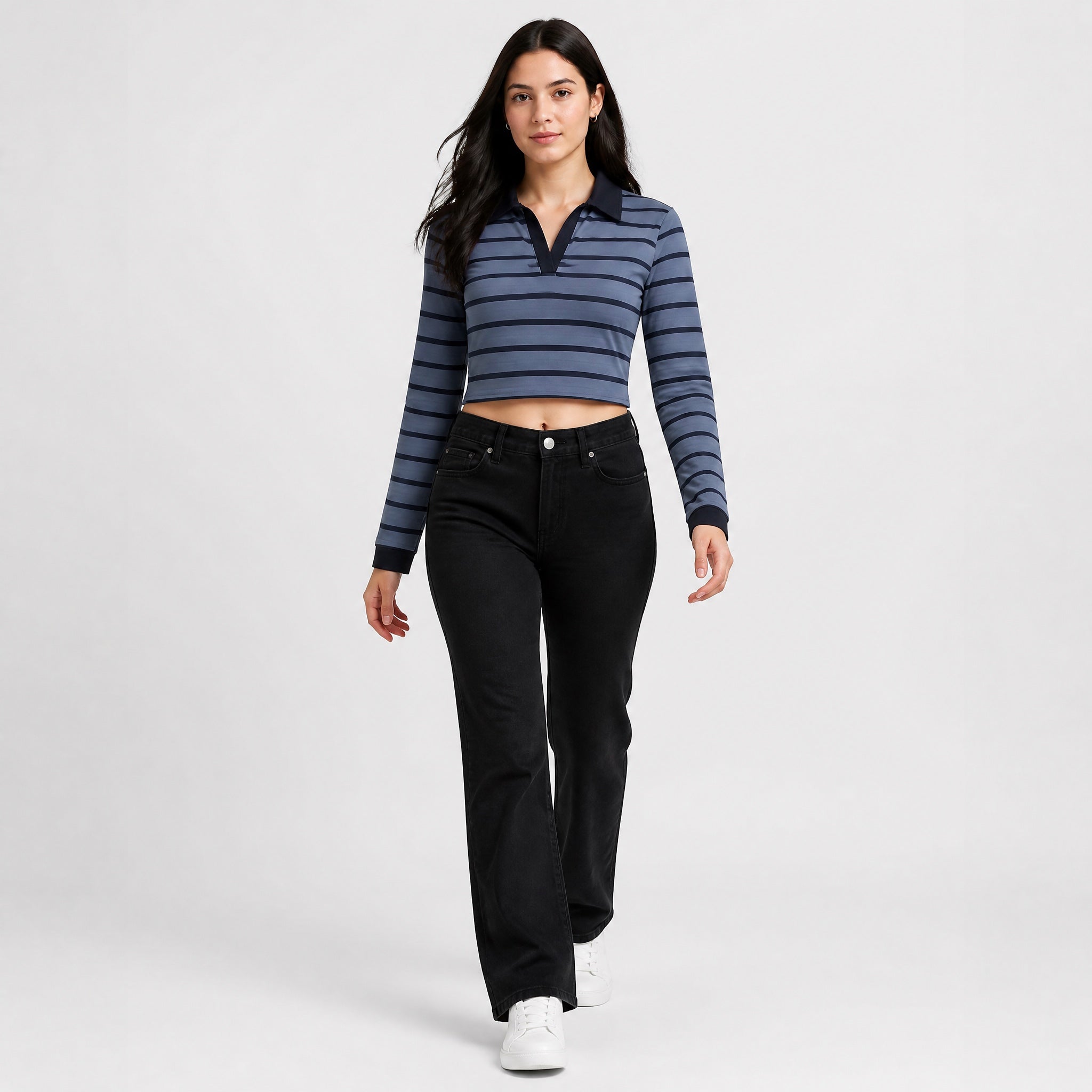 The Tonal Stripe -Navy And Dusted Blue Full sleeve Crop top