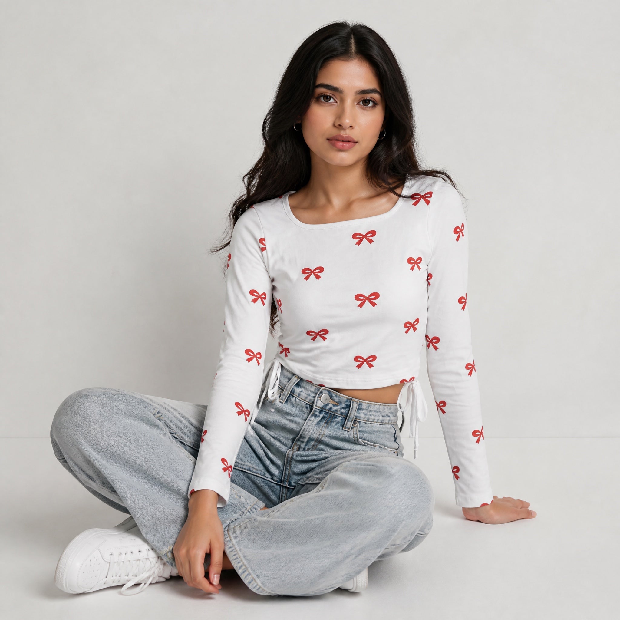 The Tied Bow- White ( Red Bow ) Print Crop top