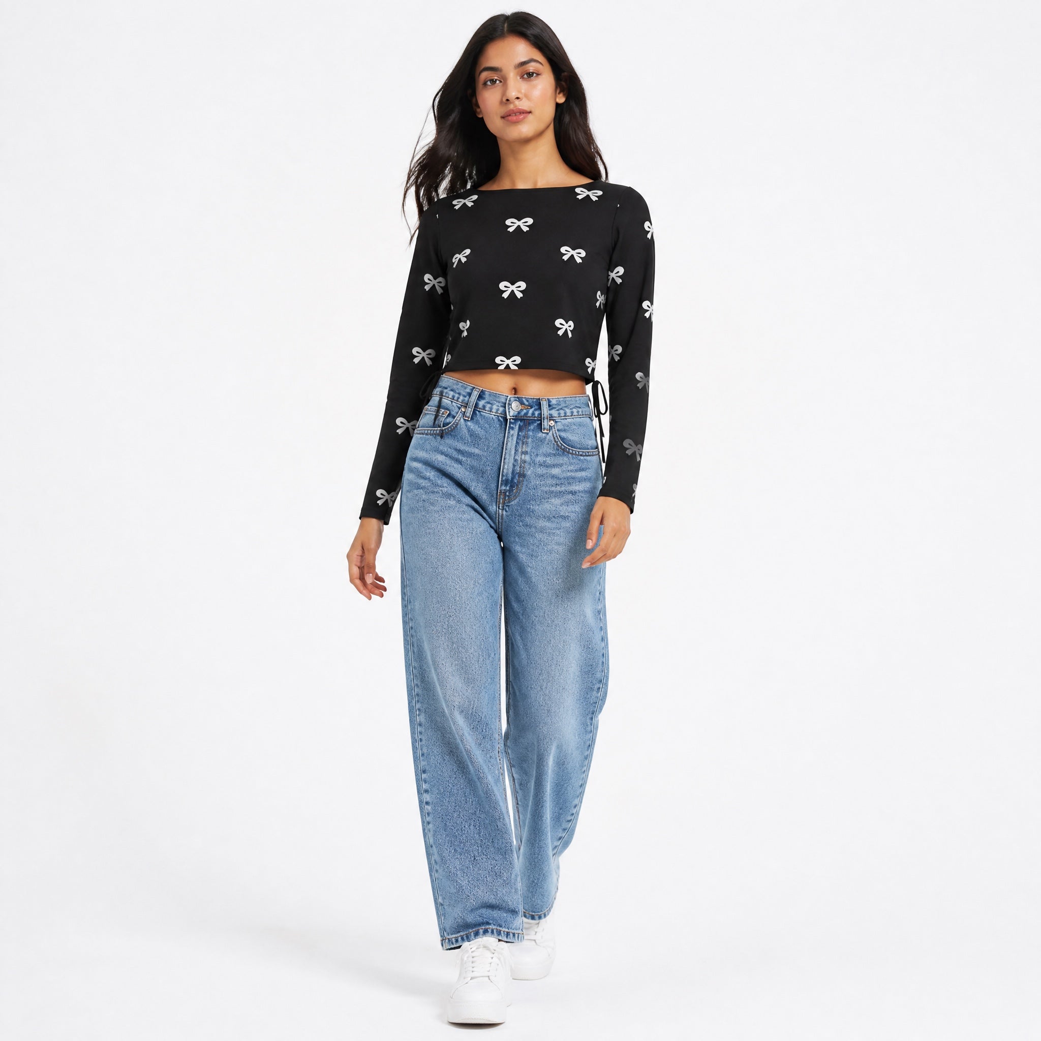 The Silent Bow - Black ( White Bow ) Print Crop top