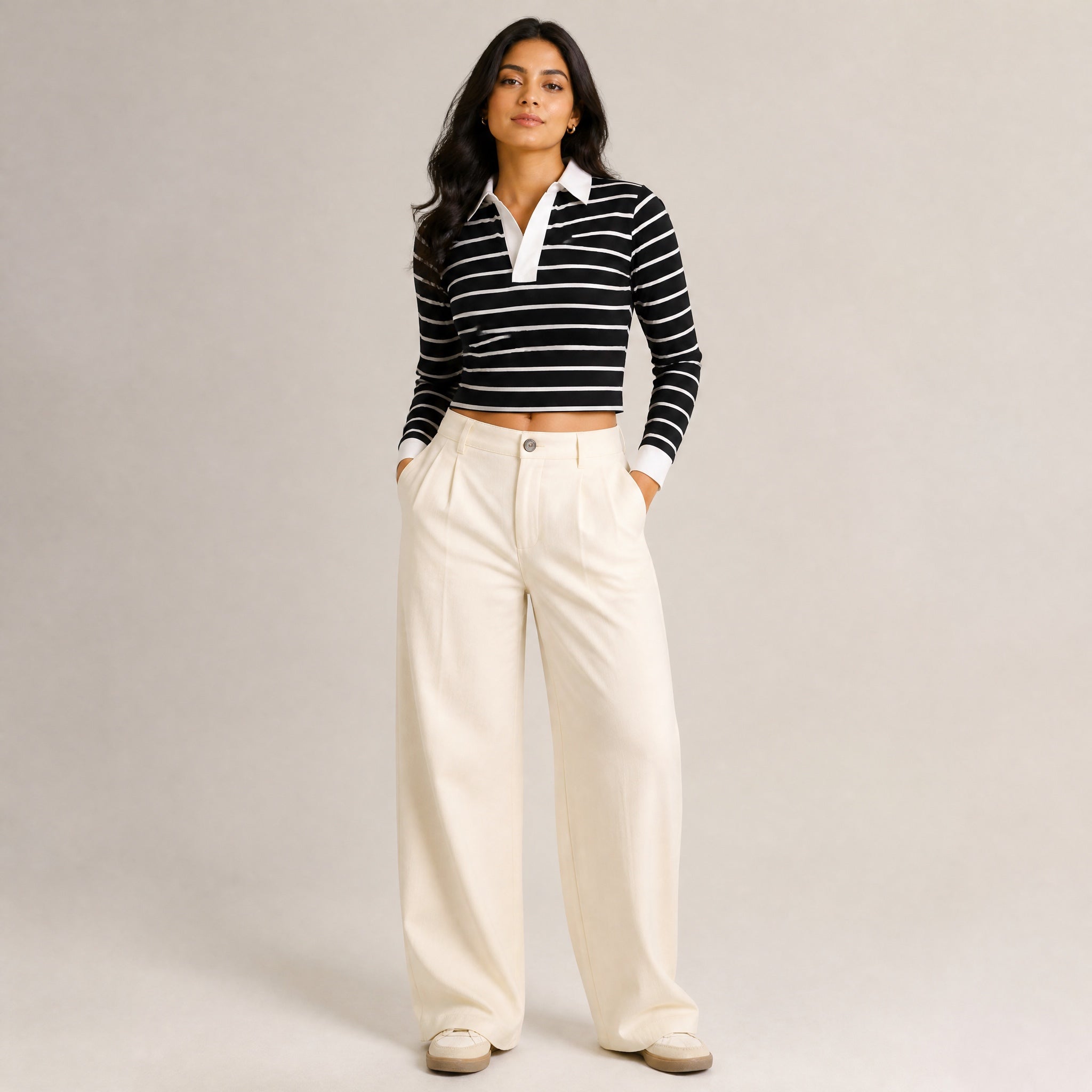 The Composed Stripe - Navy And White Full sleeve Crop Top