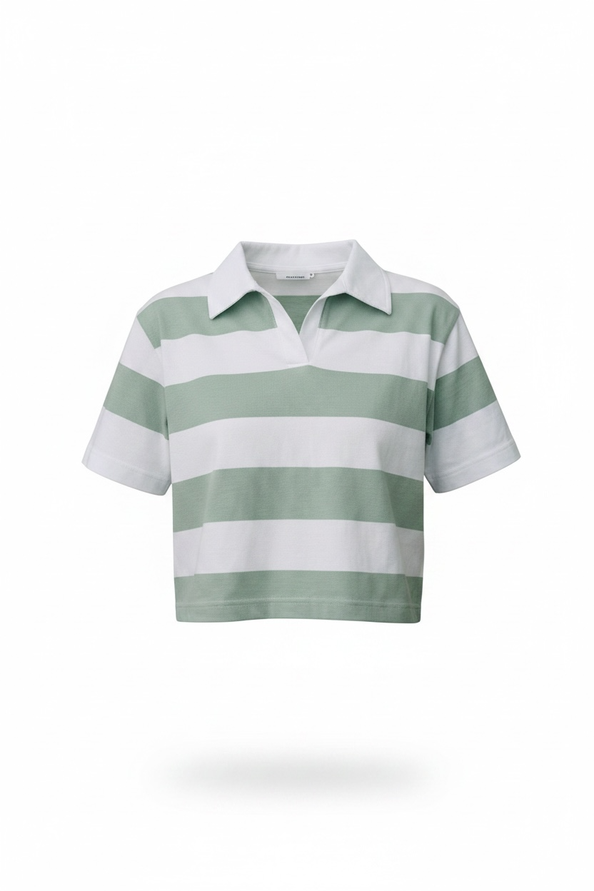The Unspoken Stripe - Teal Green & White Half Sleeve Polo Crop Top