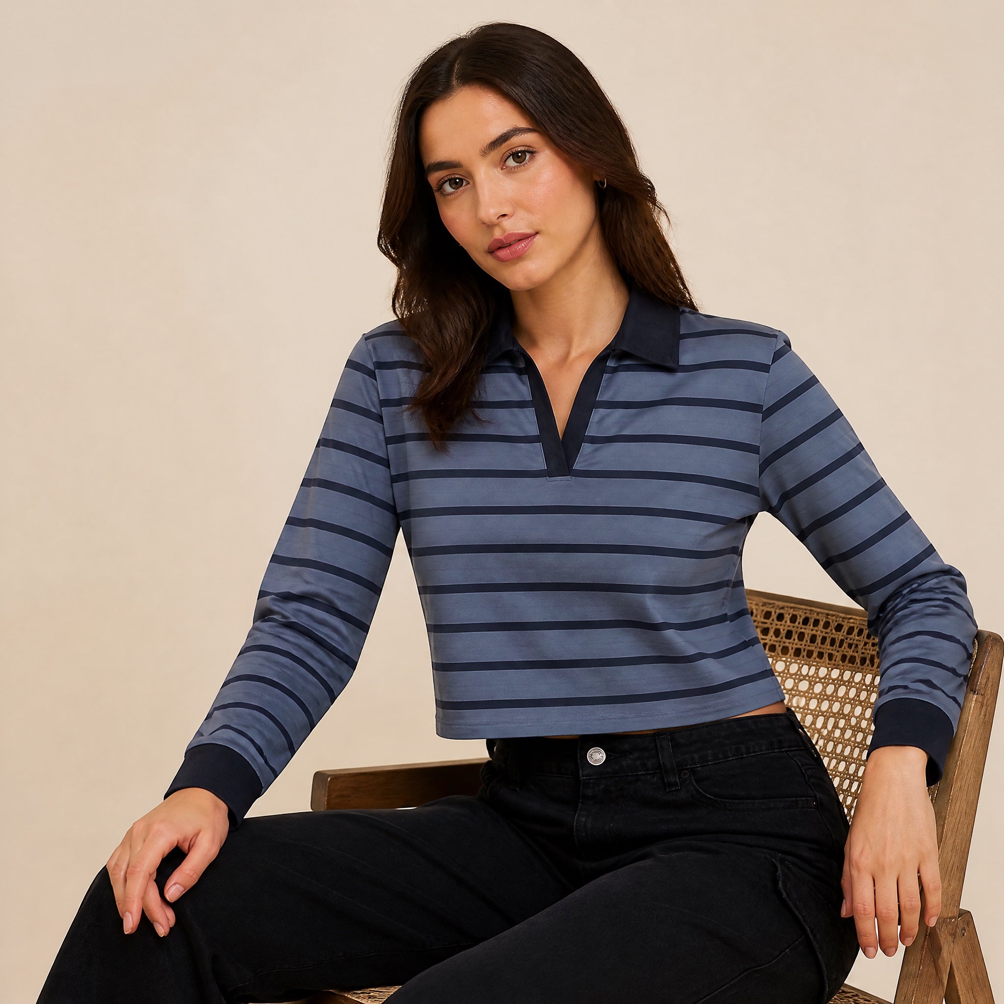 The Tonal Stripe -Navy And Dusted Blue Full sleeve Crop top