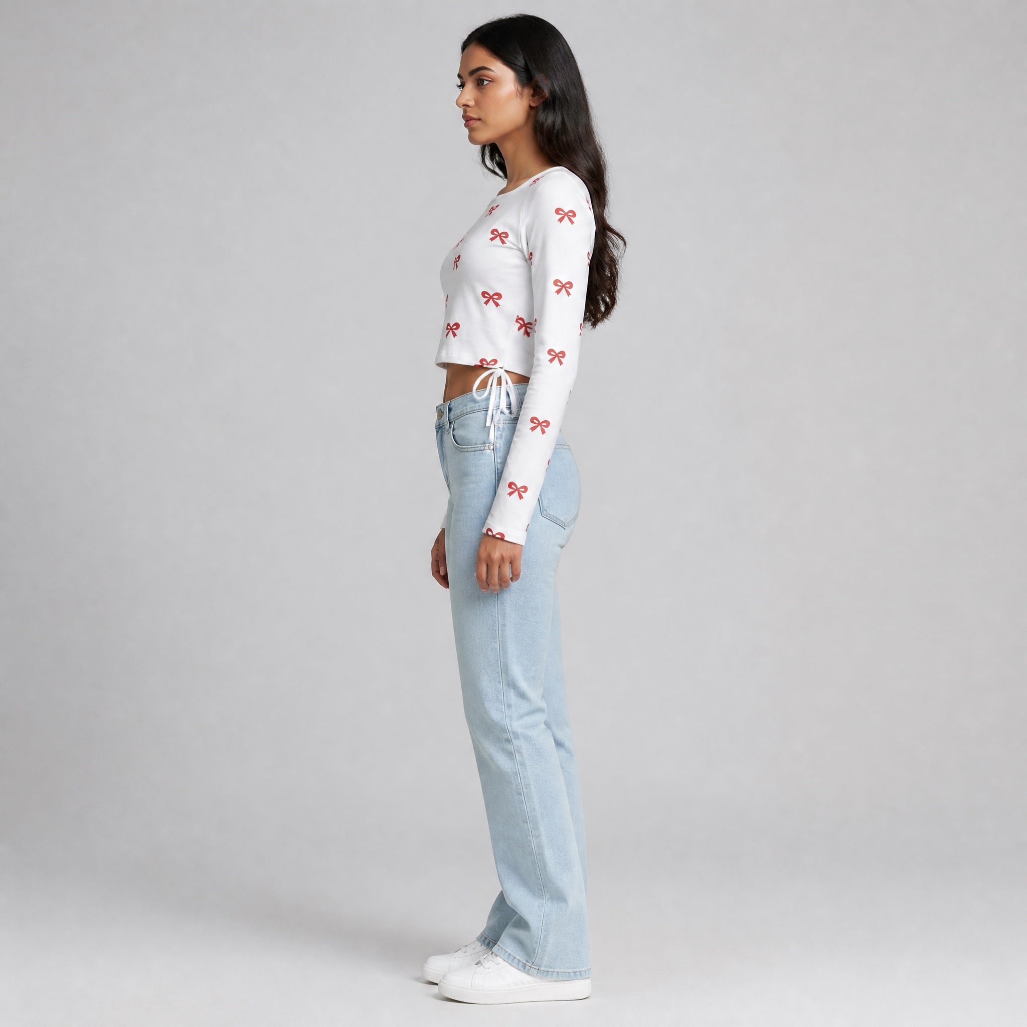 The Tied Bow- White ( Red Bow ) Print Crop top