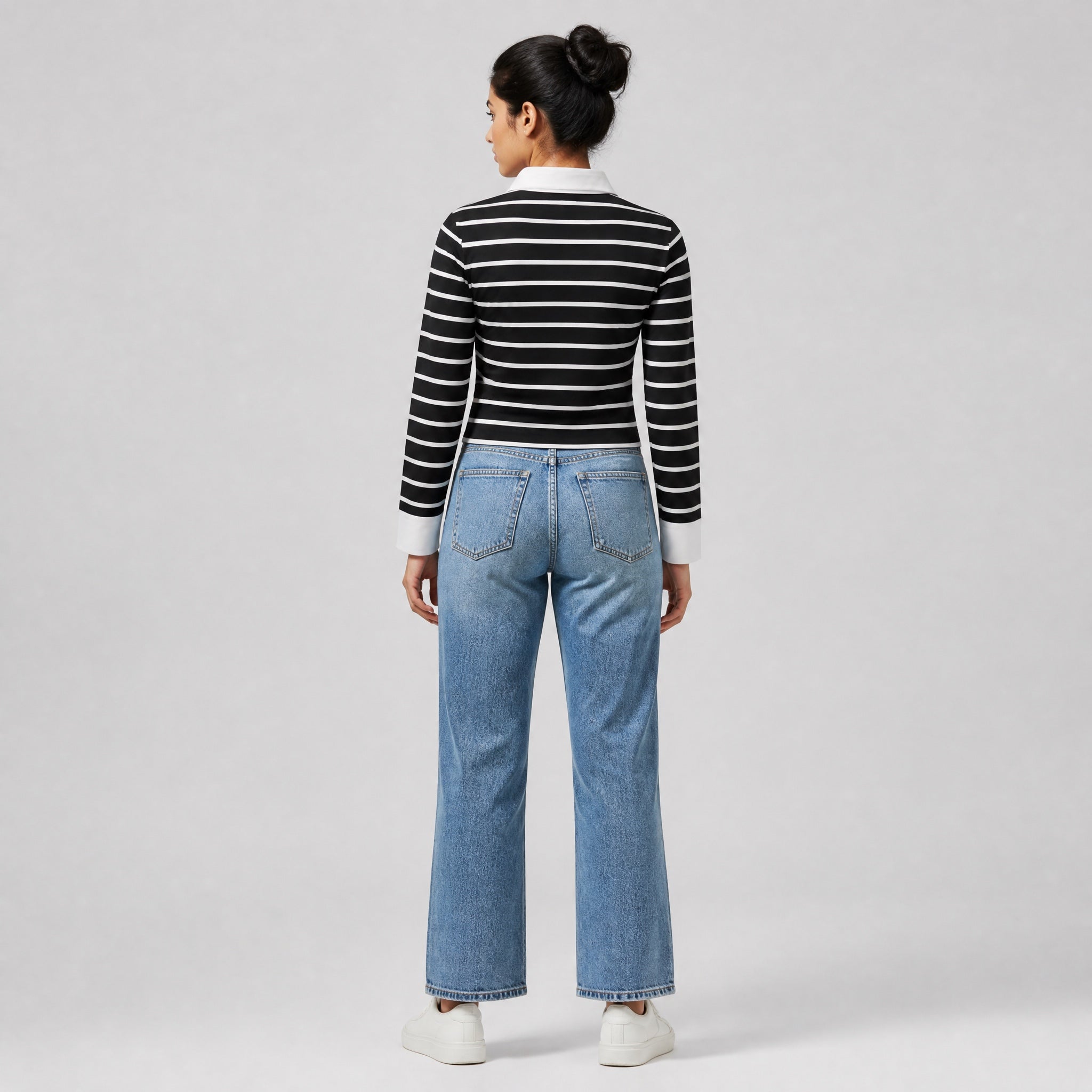 The Composed Stripe - Navy And White Full sleeve Crop Top