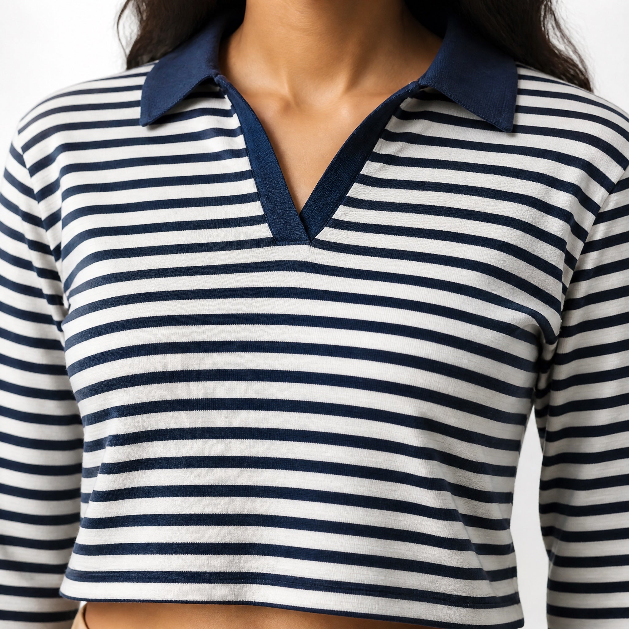 The International Stripe - Beige & Navy Full sleeve Crop Top