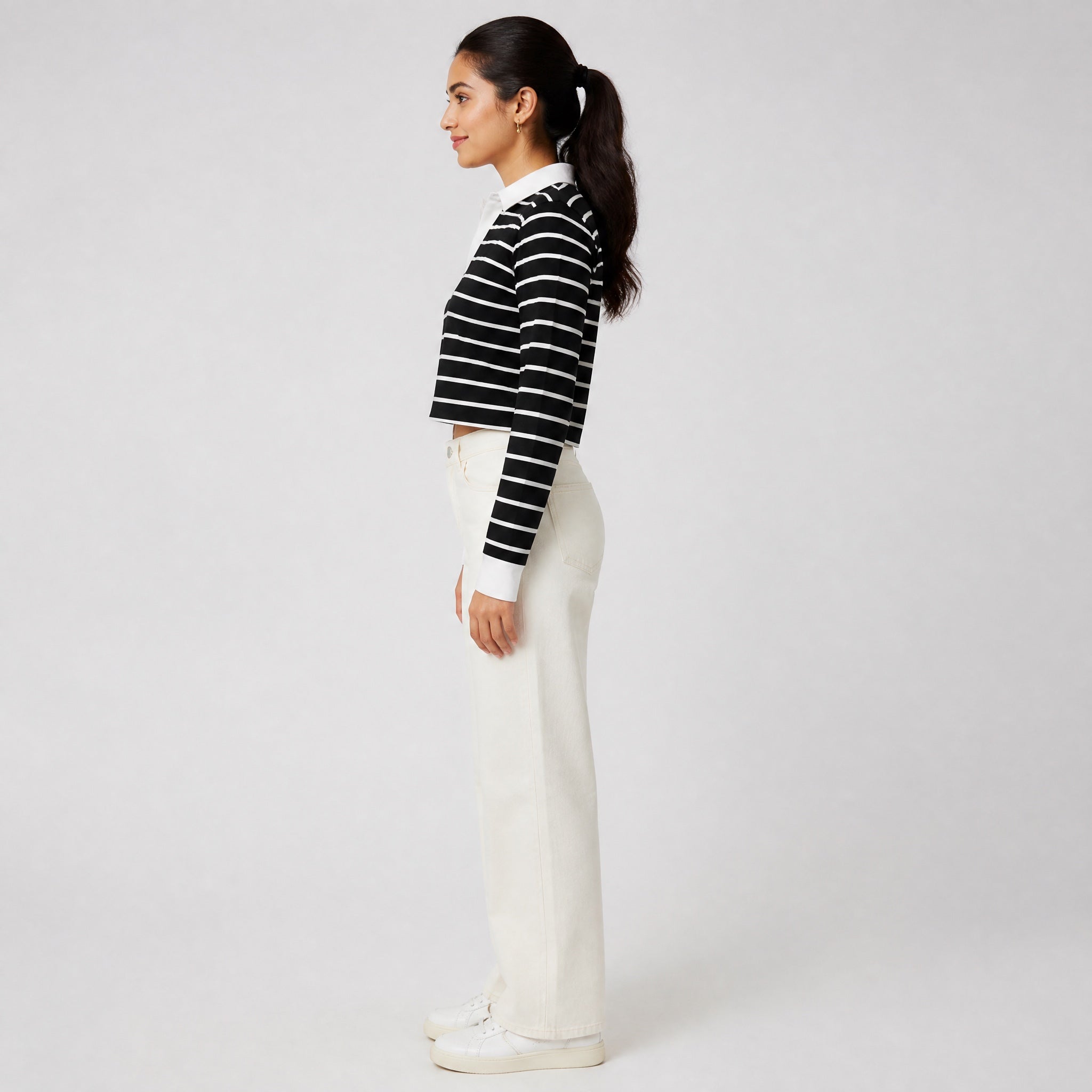 The Composed Stripe - Navy And White Full sleeve Crop Top