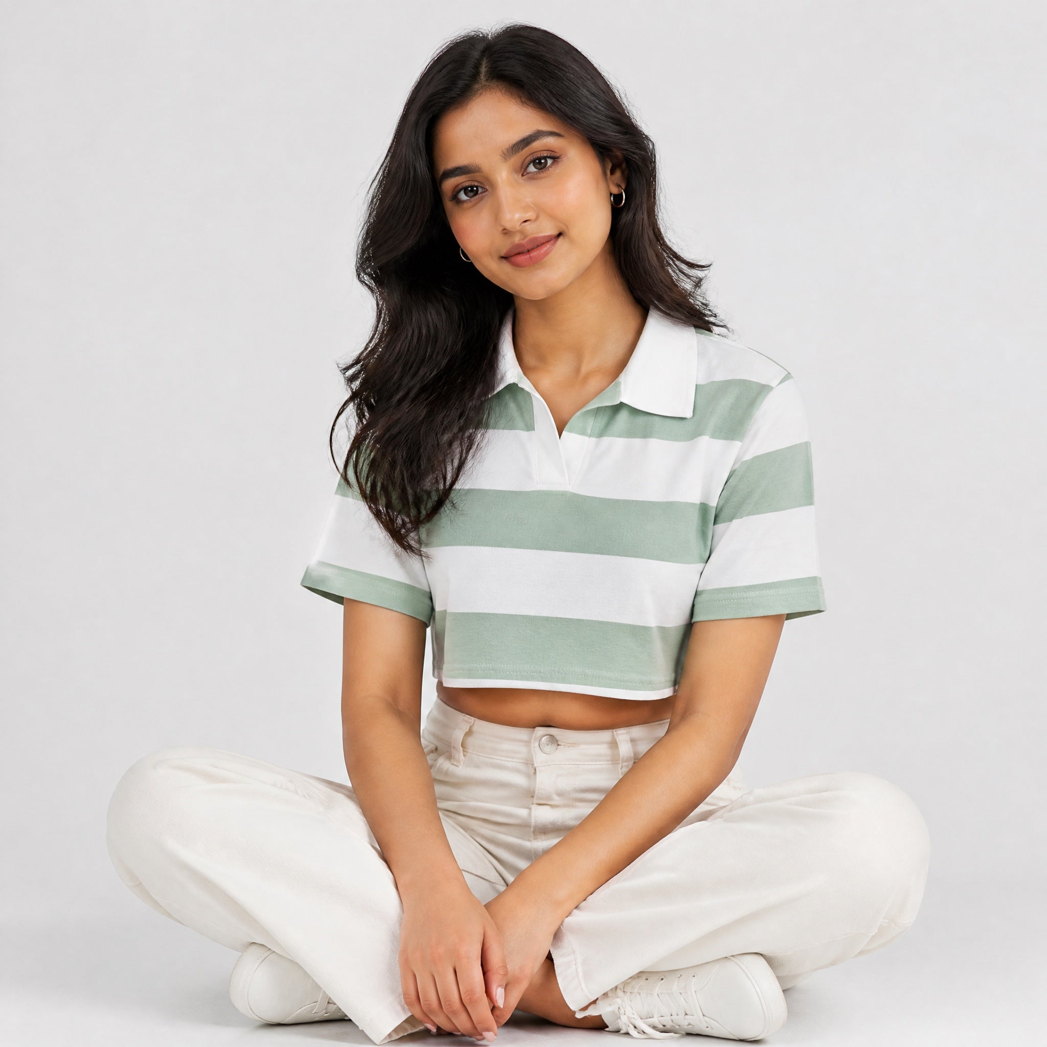 The Unspoken Stripe - Teal Green & White Half Sleeve Polo Crop Top