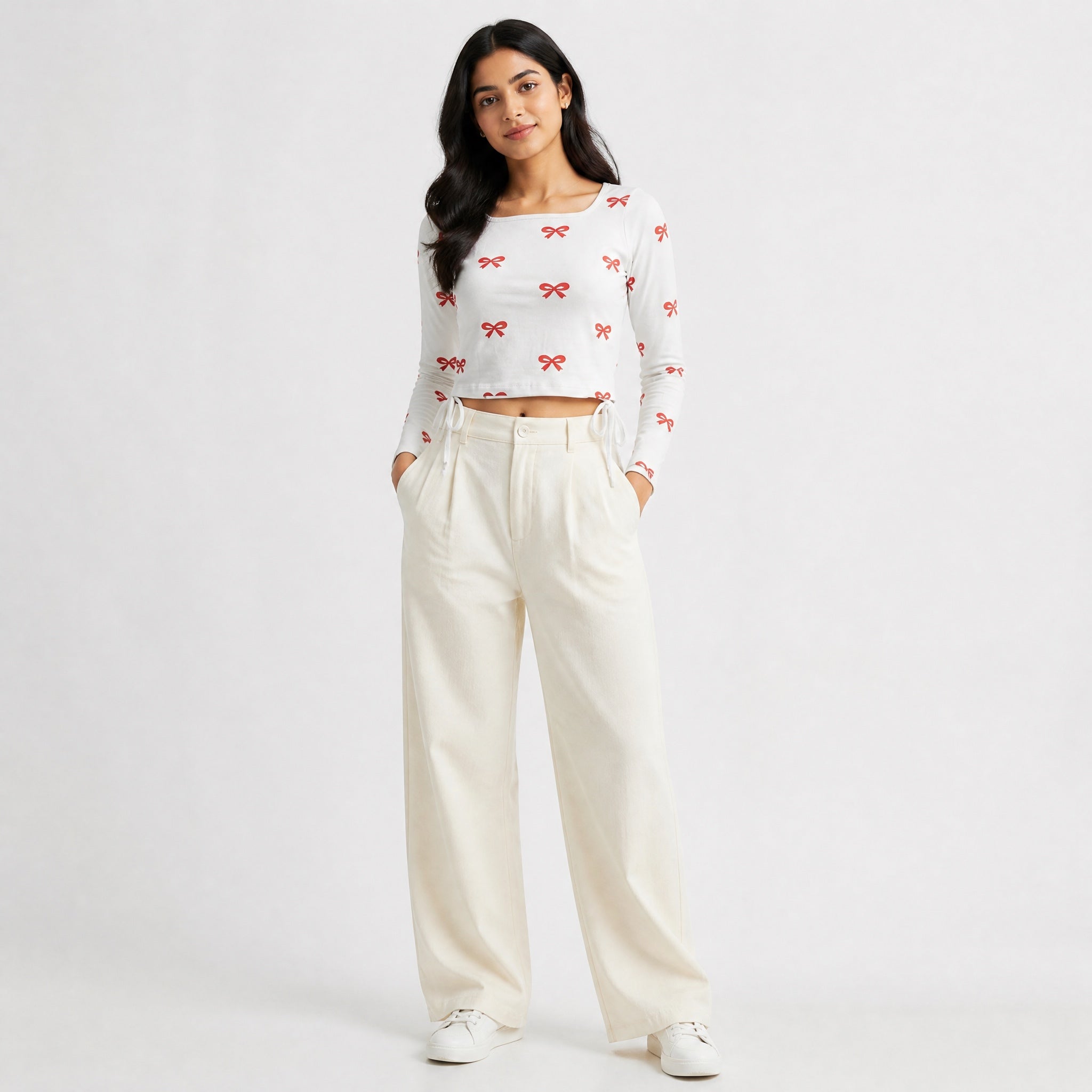 The Tied Bow- White ( Red Bow ) Print Crop top