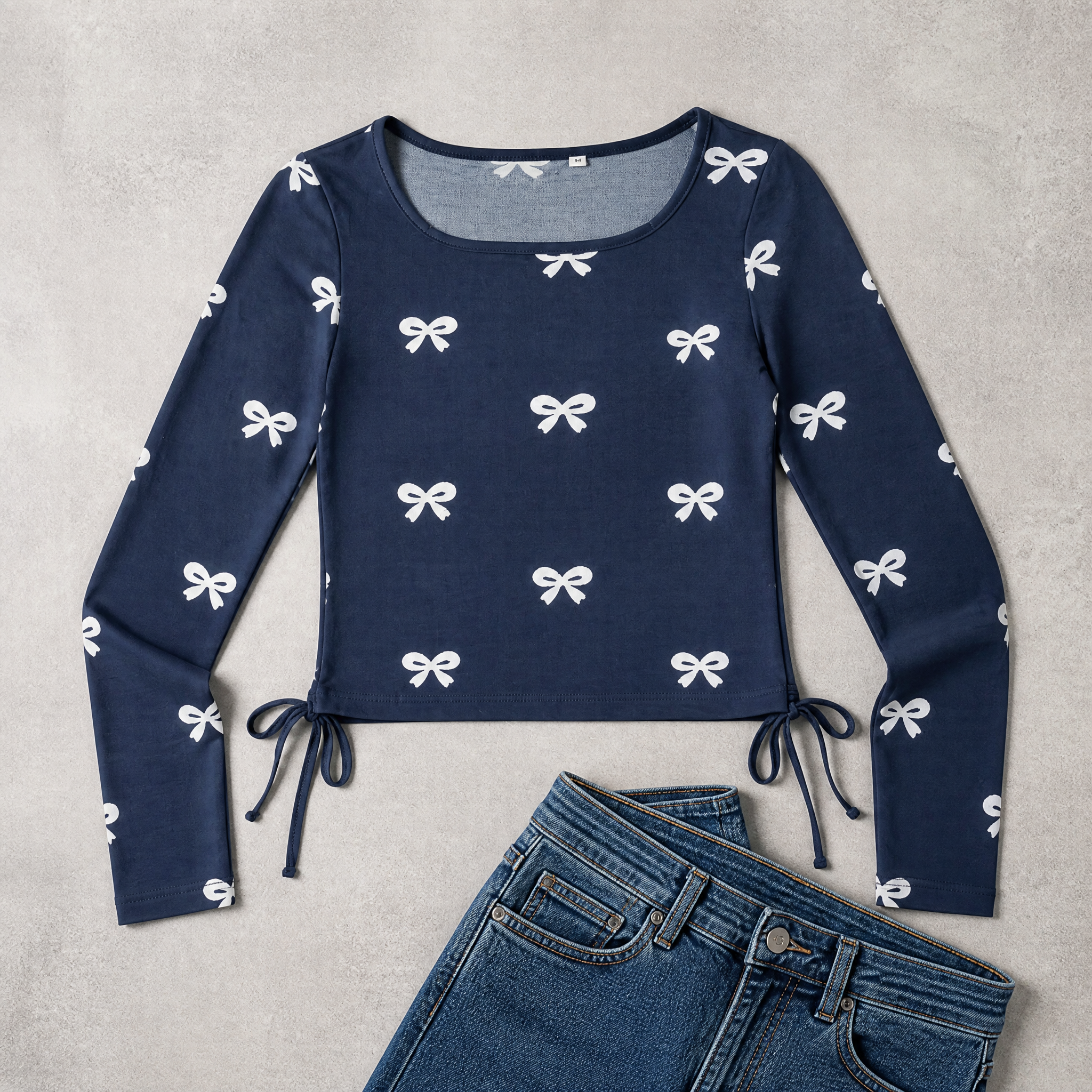 The Poised Bow - Blue ( White Bow ) Print Crop top