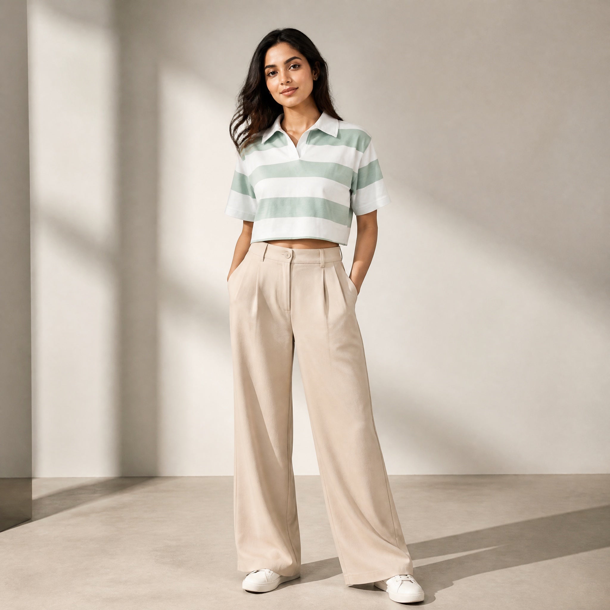 The Unspoken Stripe - Teal Green & White Half Sleeve Polo Crop Top