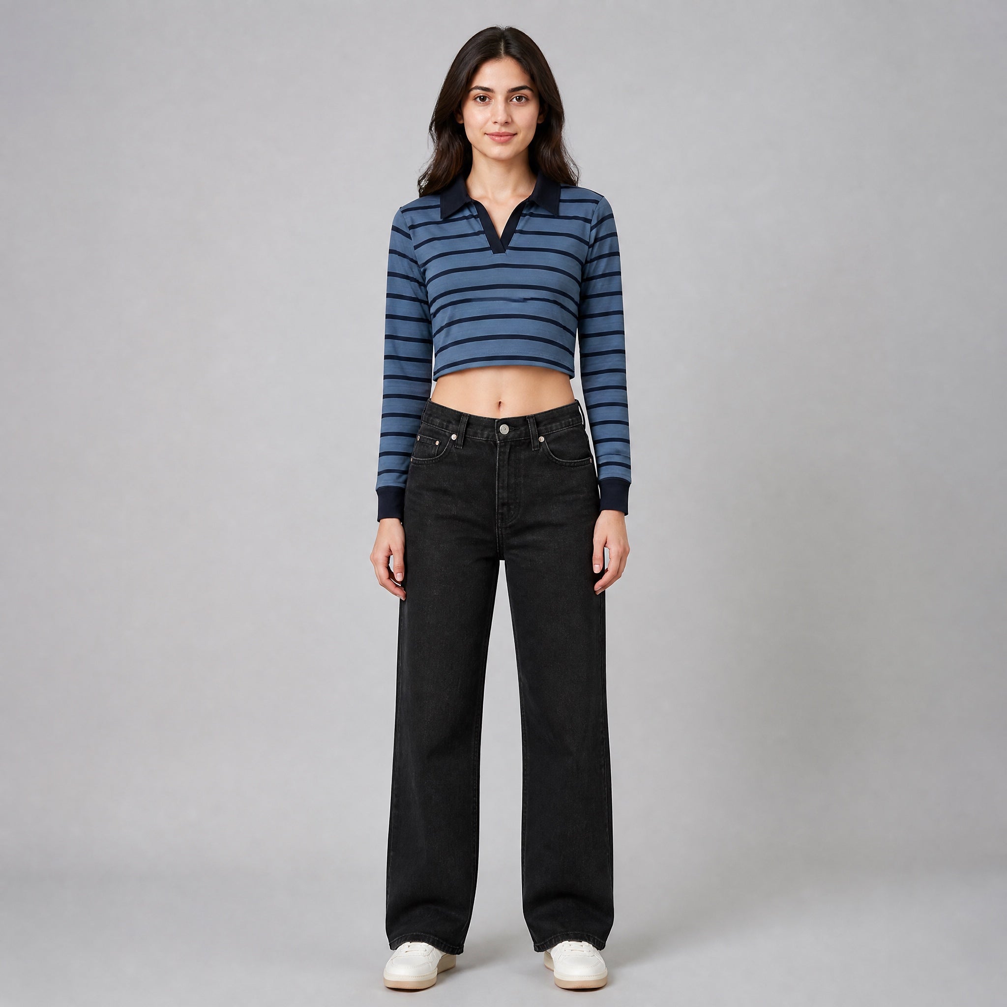 The Tonal Stripe -Navy And Dusted Blue Full sleeve Crop top