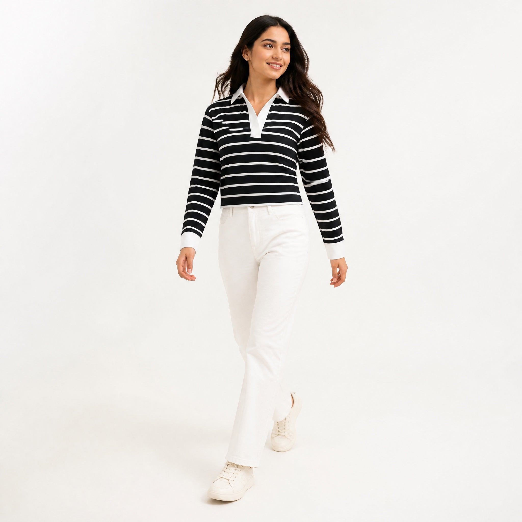 The Composed Stripe - Navy And White Full sleeve Crop Top