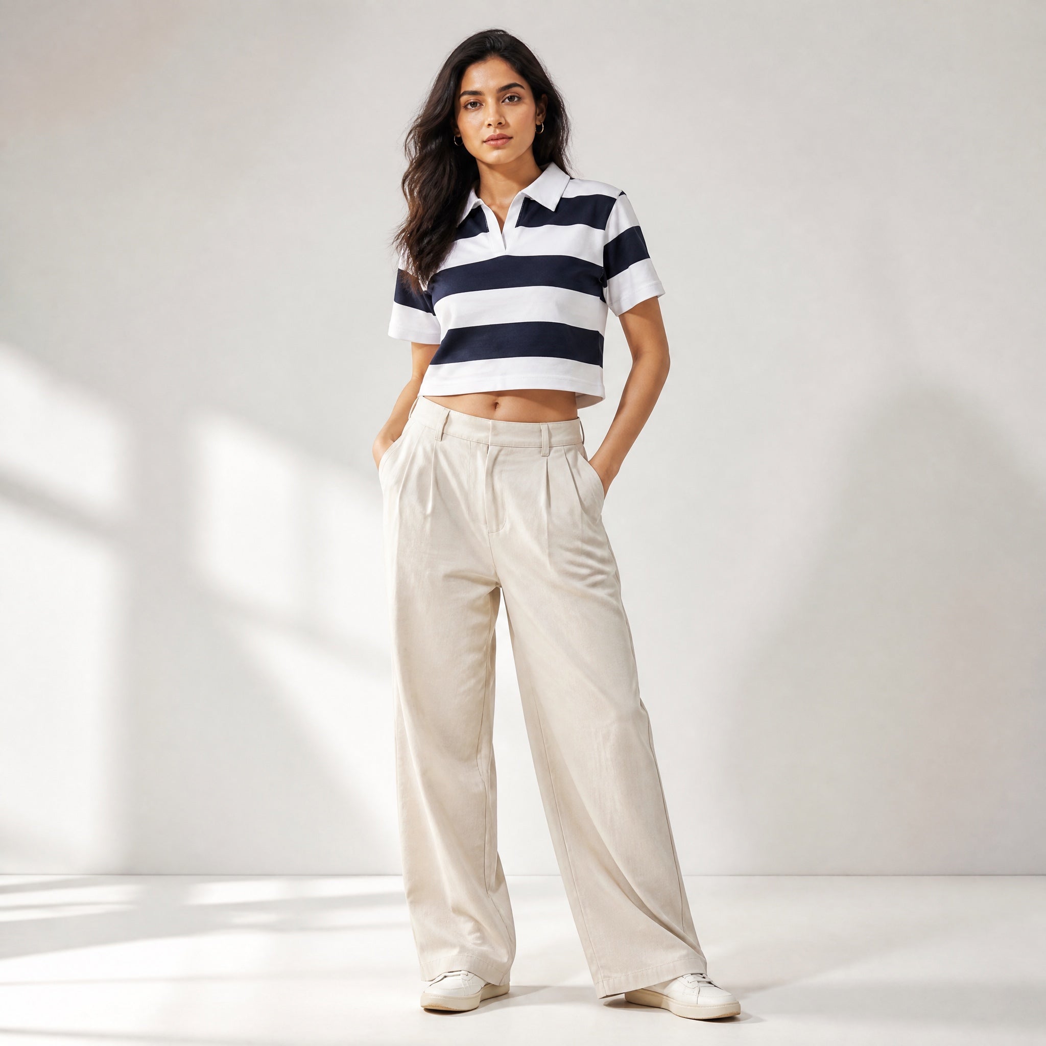 The Unbothered Stripe - Navy & White Polo Crop Top