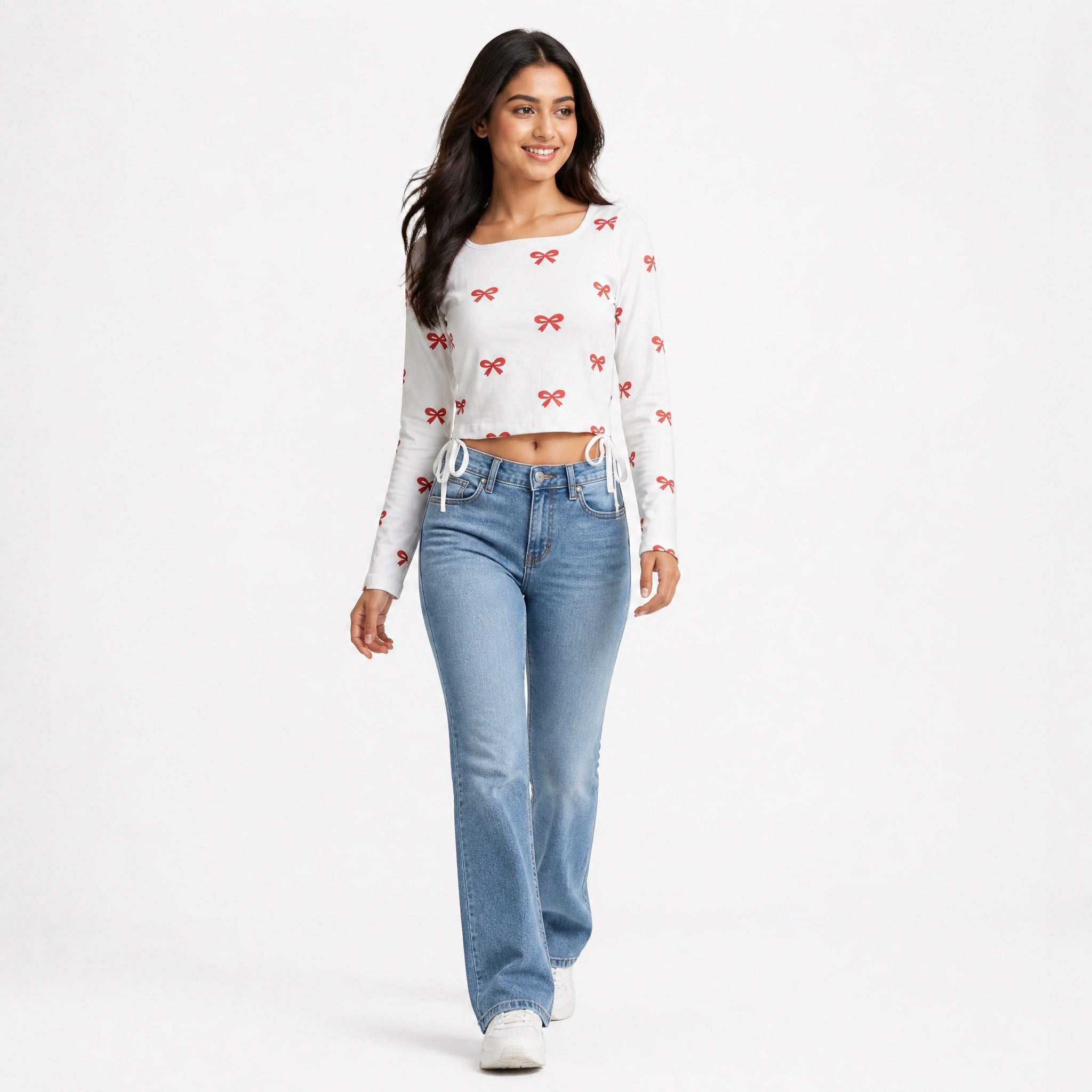 The Tied Bow- White ( Red Bow ) Print Crop top