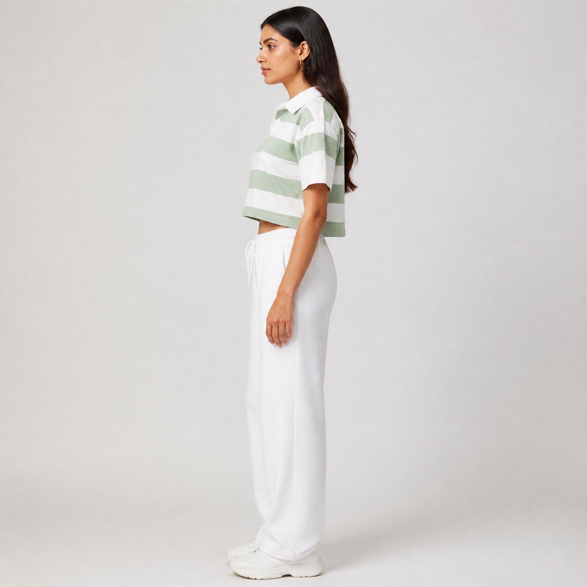The Unspoken Stripe - Teal Green & White Half Sleeve Polo Crop Top