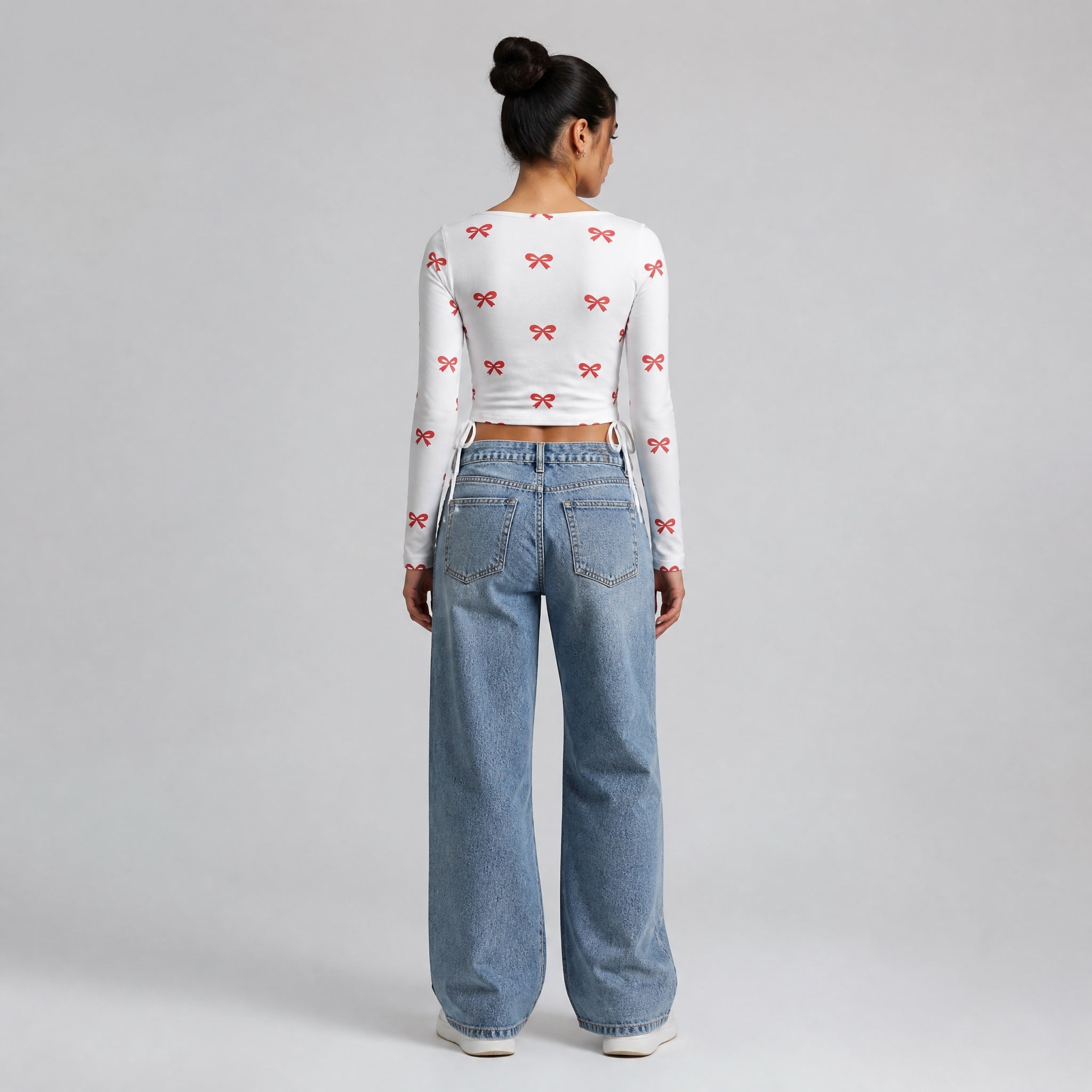 The Tied Bow- White ( Red Bow ) Print Crop top