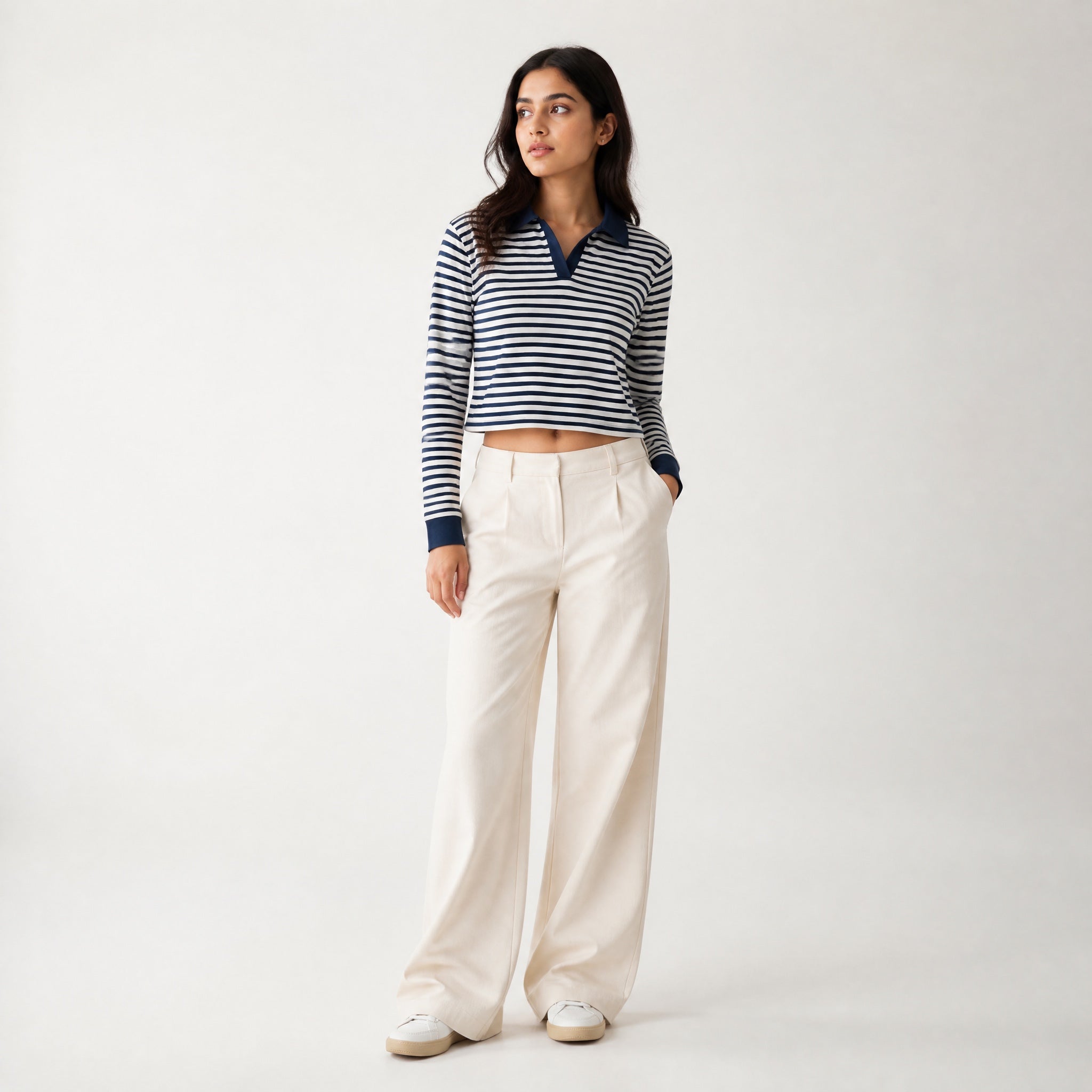 The International Stripe - Beige & Navy Full sleeve Crop Top