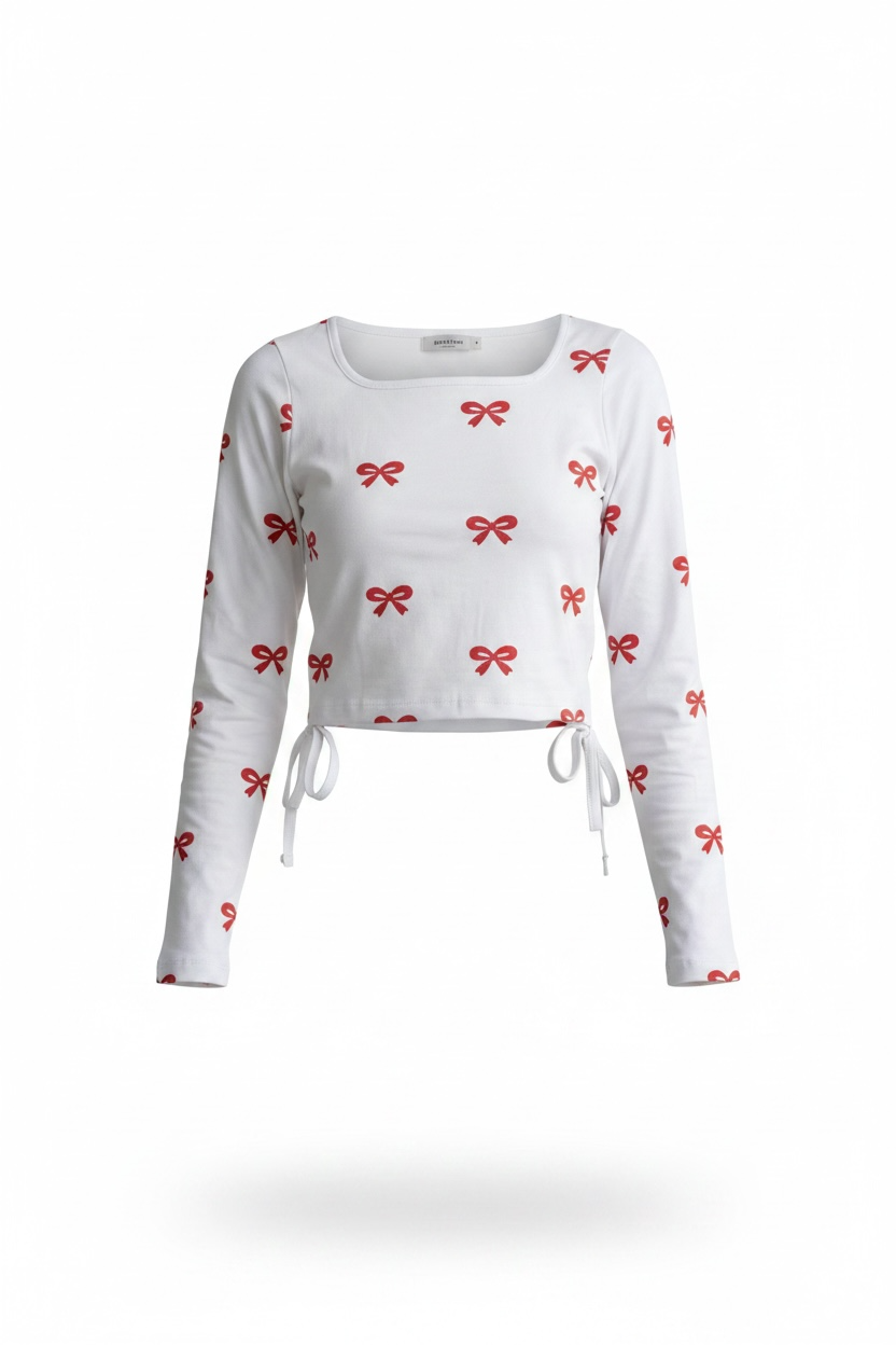 The Tied Bow- White ( Red Bow ) Print Crop top