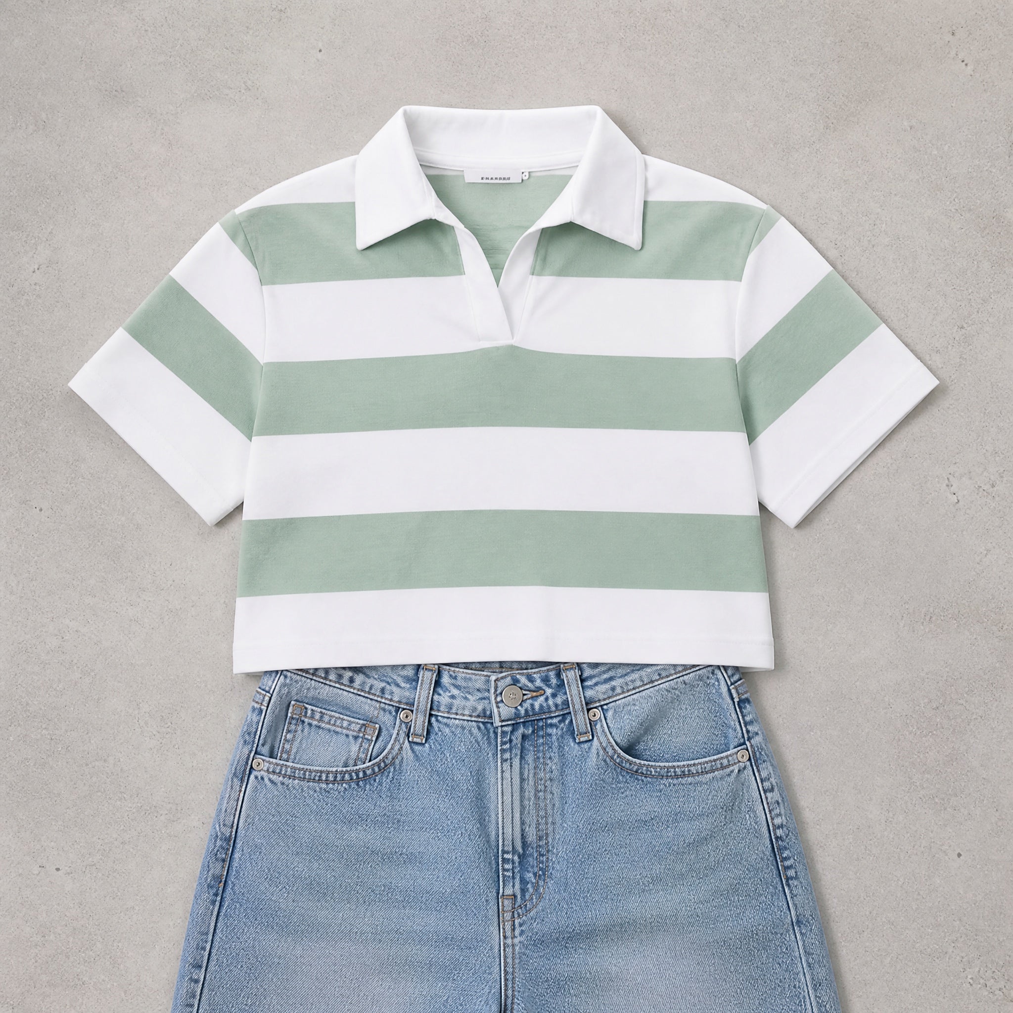 The Unspoken Stripe - Teal Green & White Half Sleeve Polo Crop Top