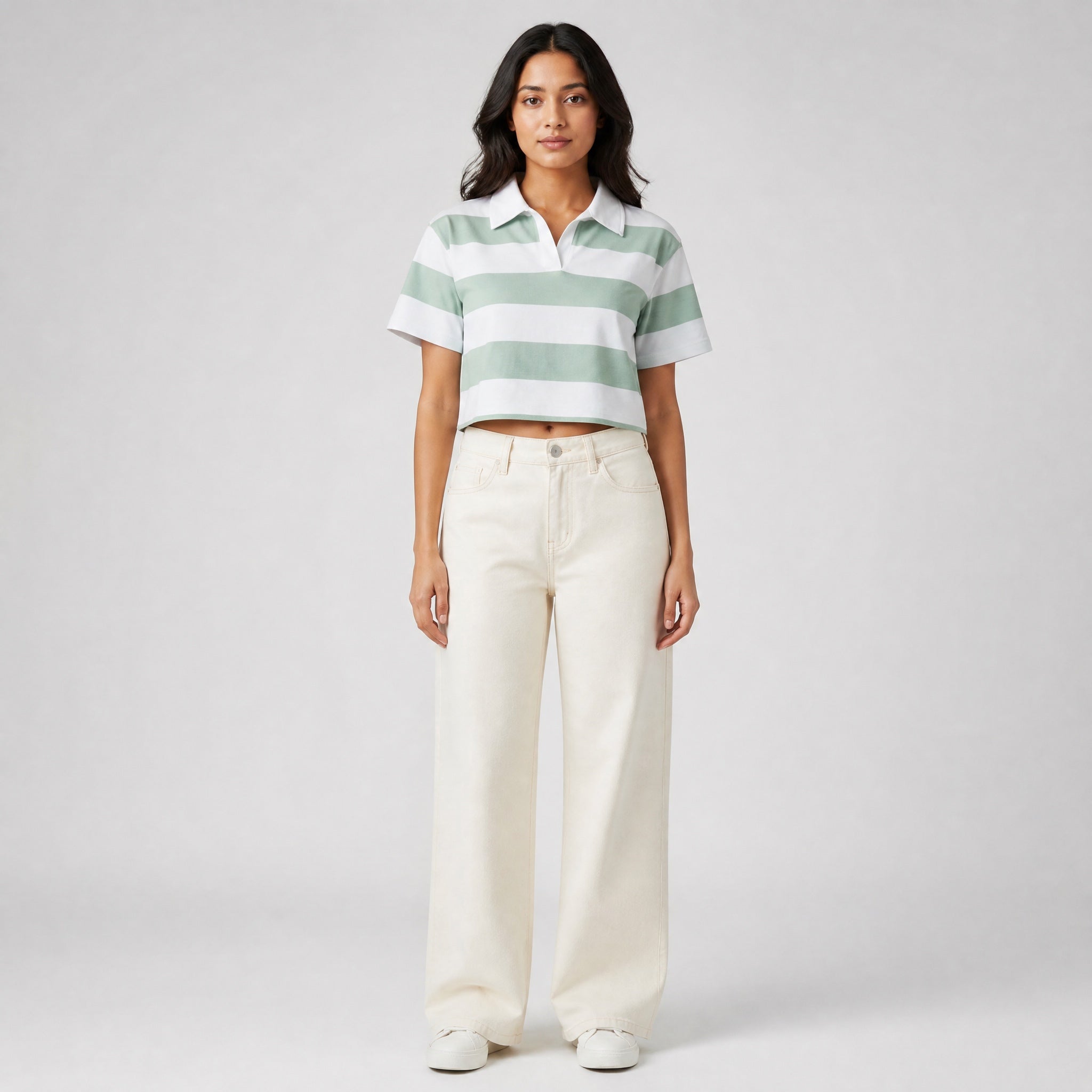 The Unspoken Stripe - Teal Green & White Half Sleeve Polo Crop Top