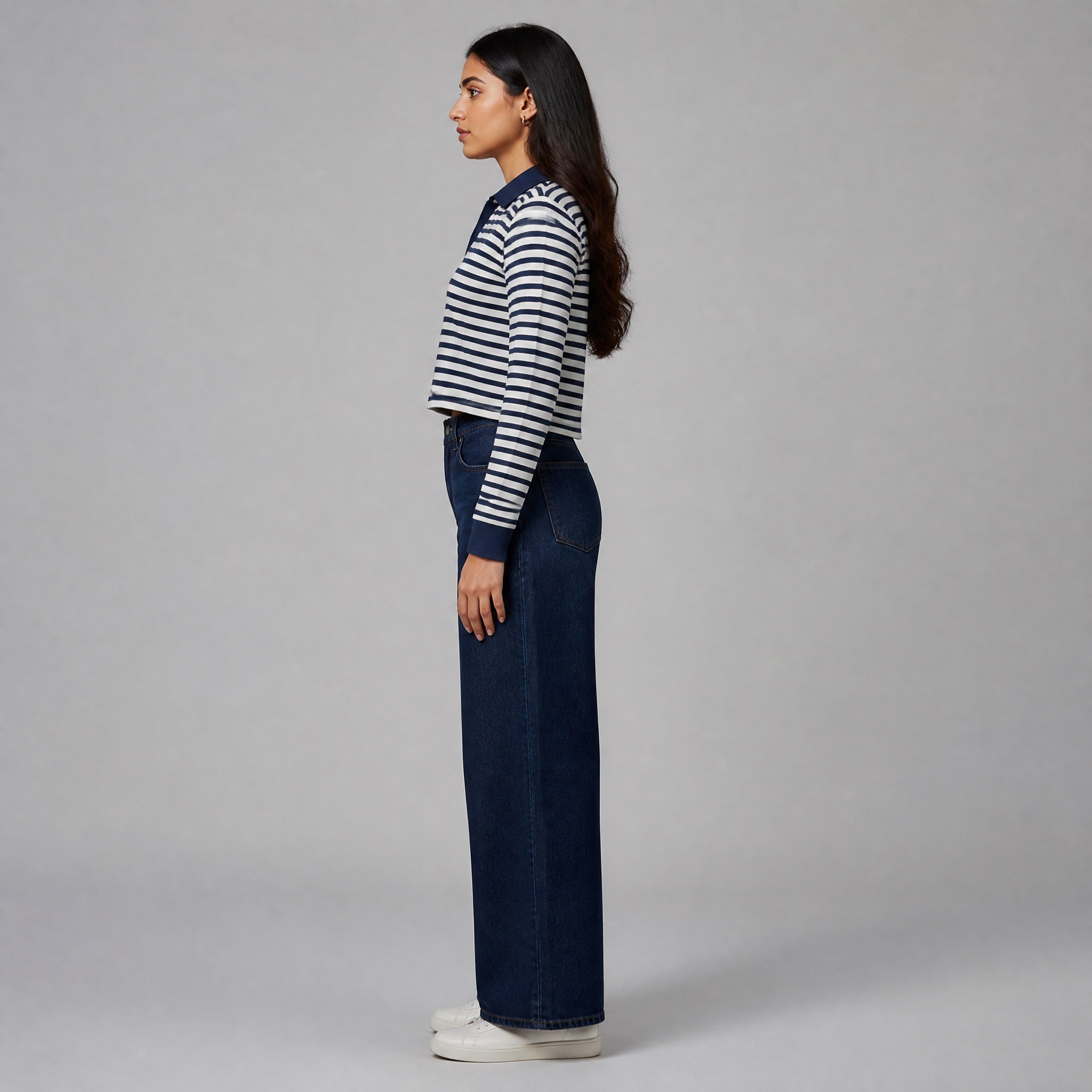 The International Stripe - Beige & Navy Full sleeve Crop Top