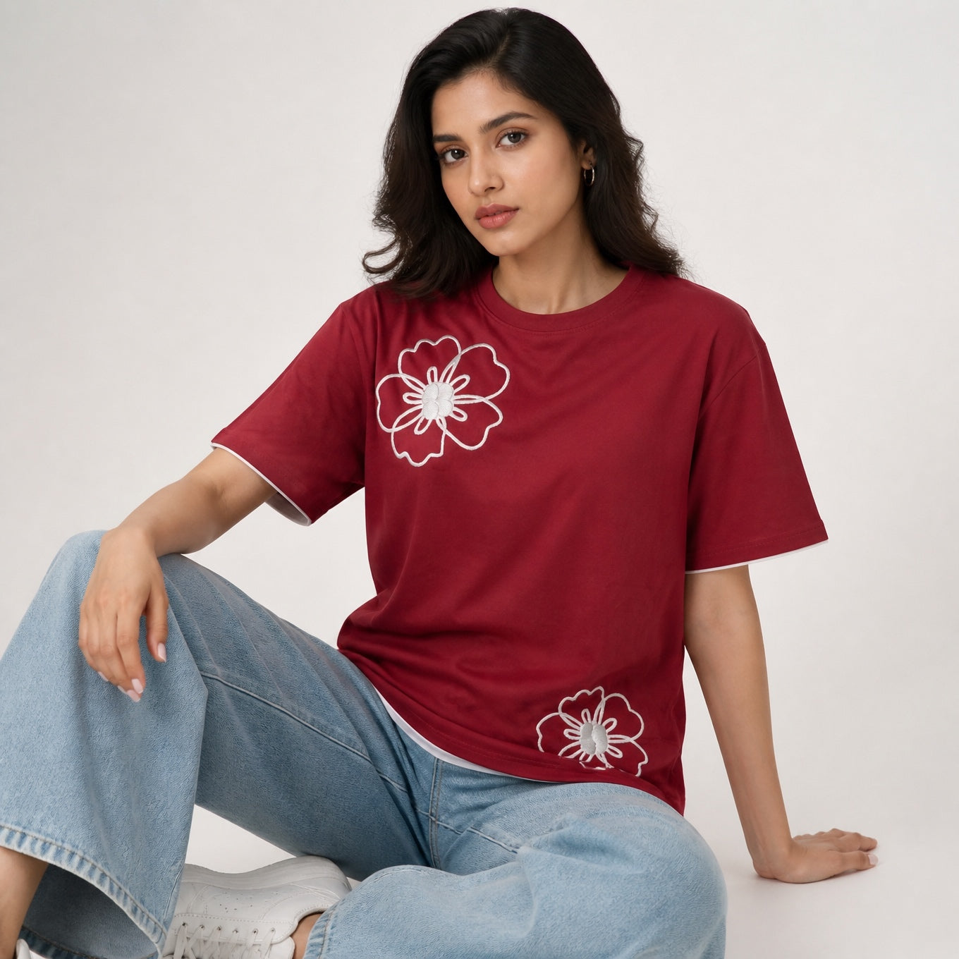 Mono Bloom Tee - Maroon Oversize Flower Print T shirt
