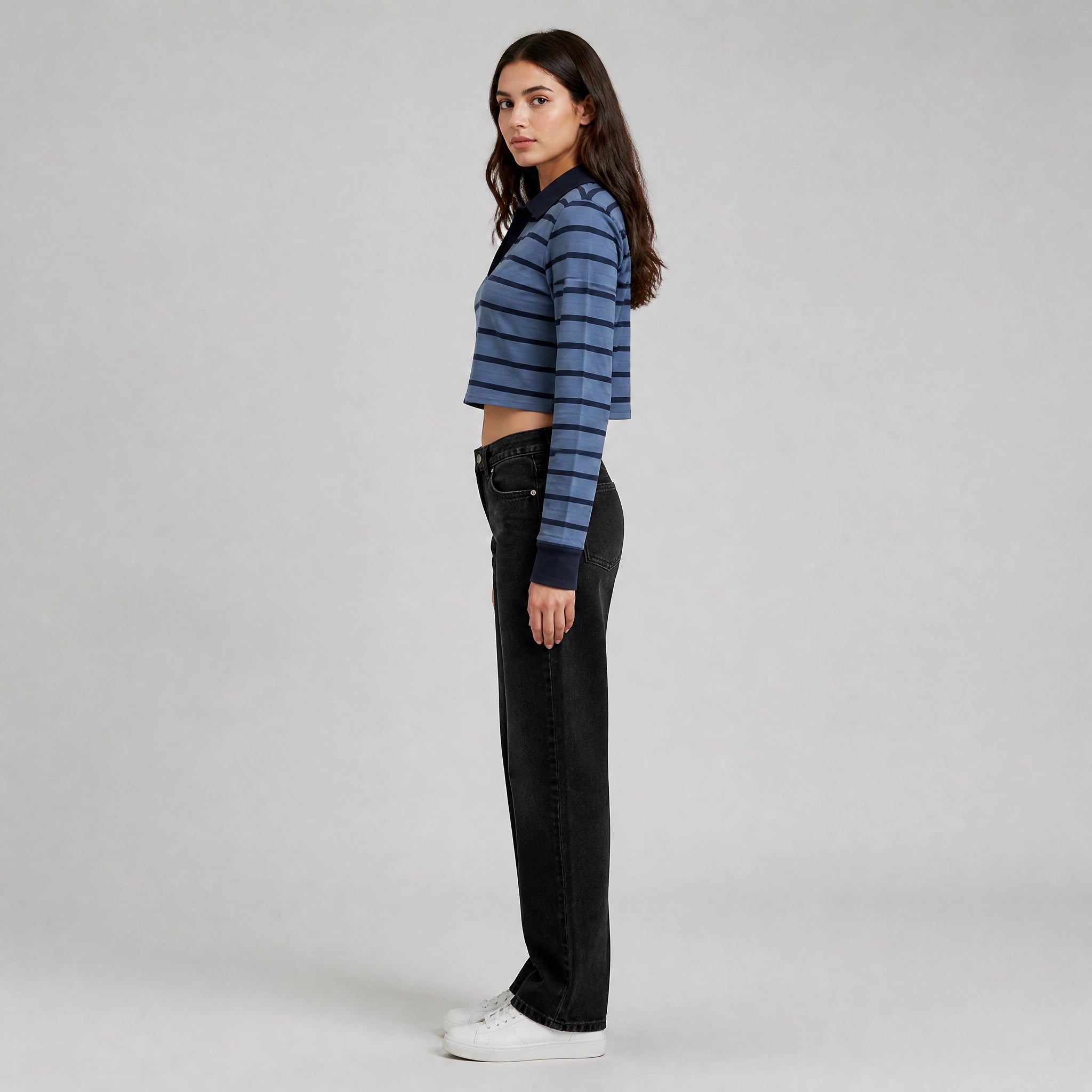 The Tonal Stripe -Navy And Dusted Blue Full sleeve Crop top