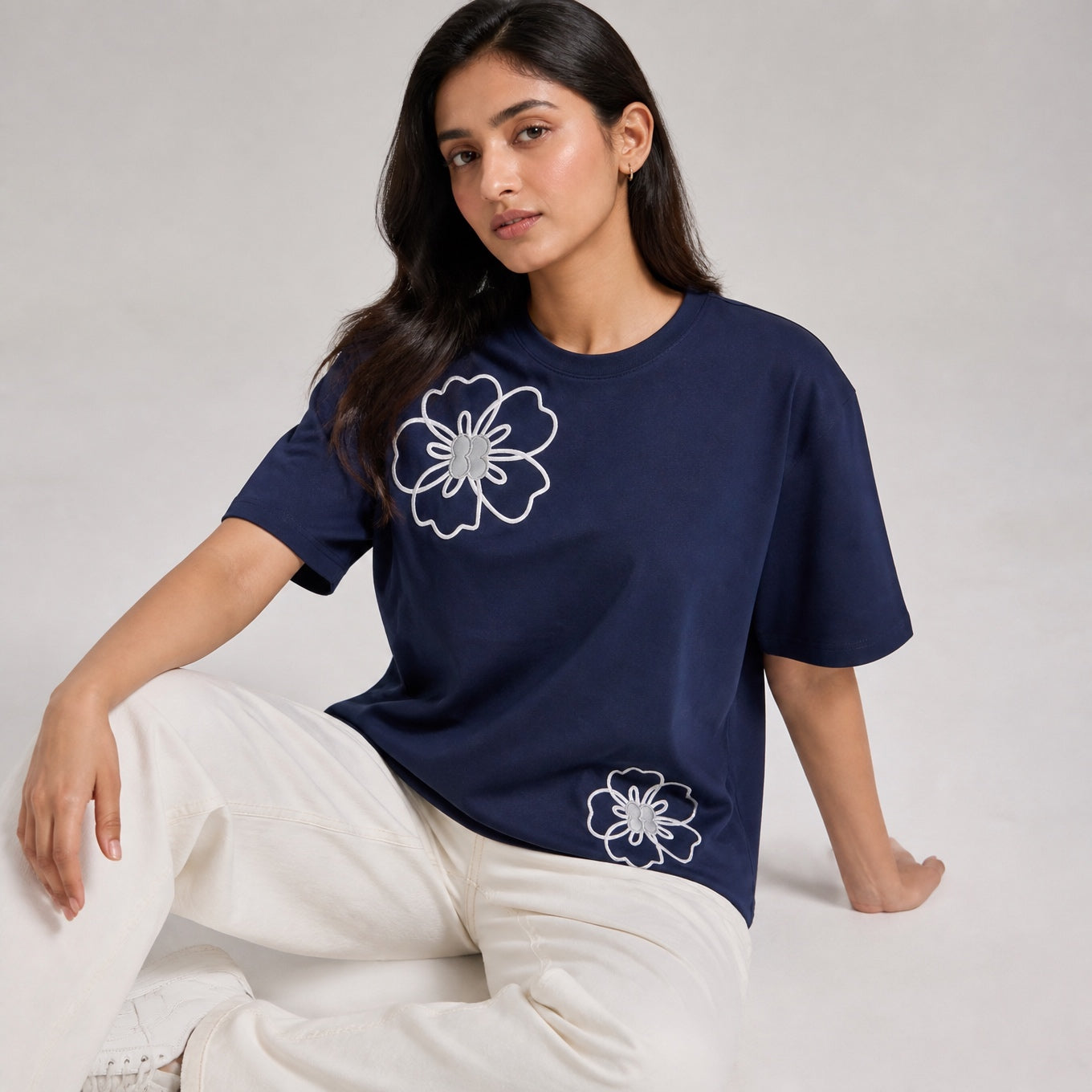 Bare Bloom Tee - Blue Oversized Flower Print T shirt