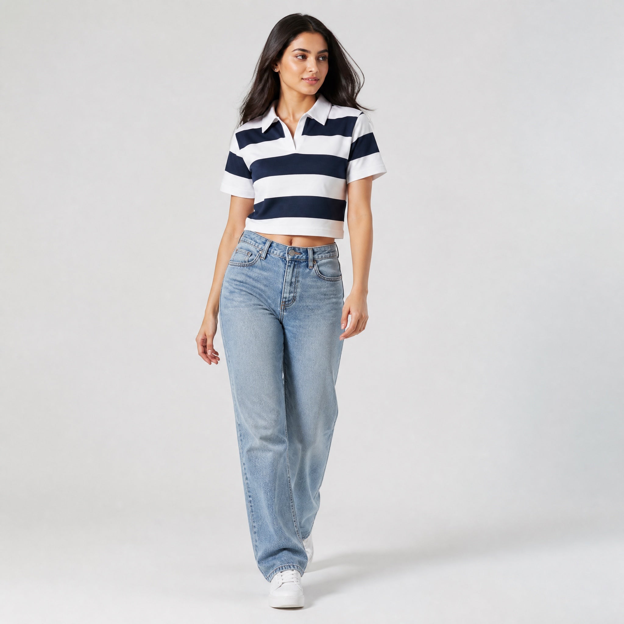 The Unbothered Stripe - Navy & White Polo Crop Top