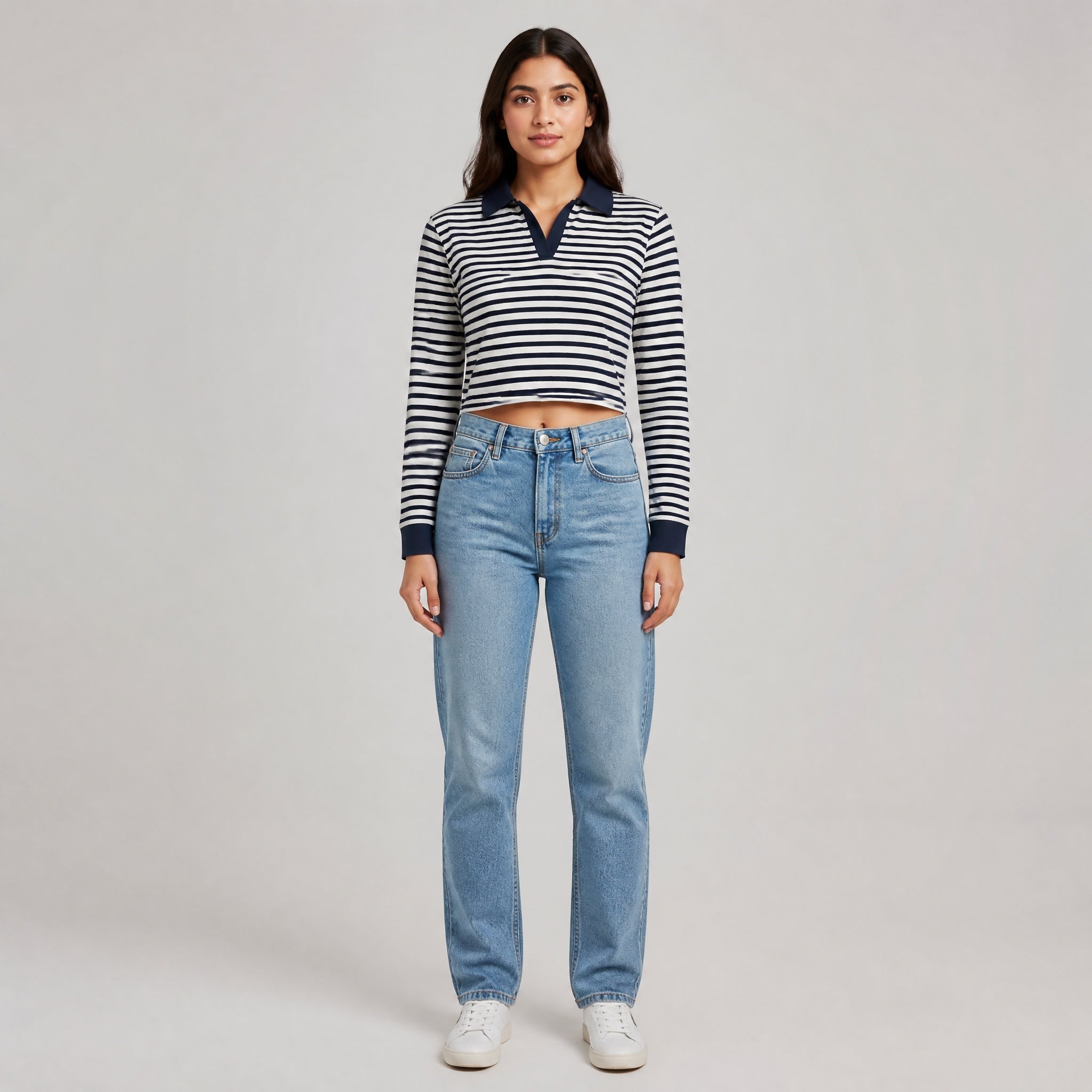 The International Stripe - Beige & Navy Full sleeve Crop Top