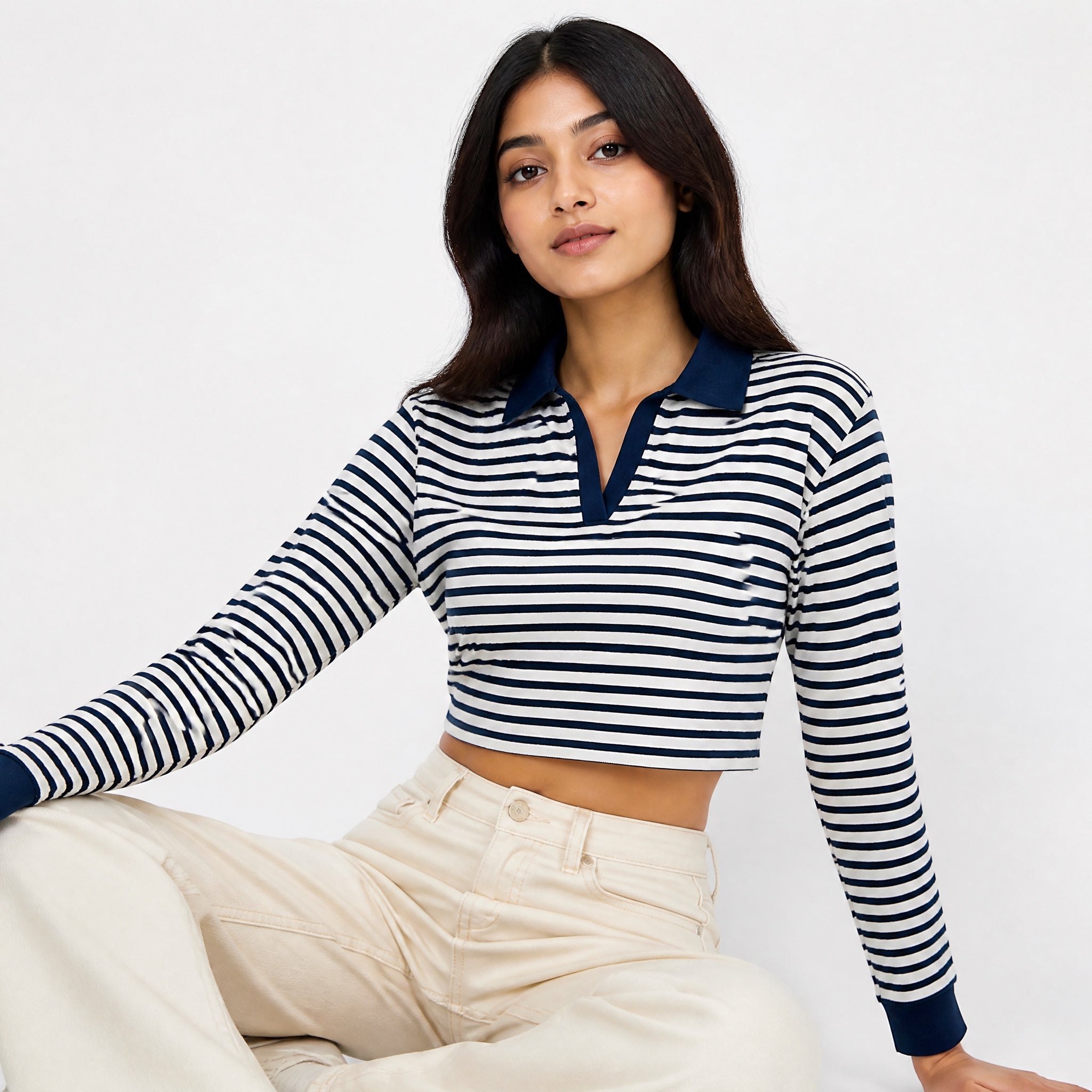 The International Stripe - Beige & Navy Full sleeve Crop Top