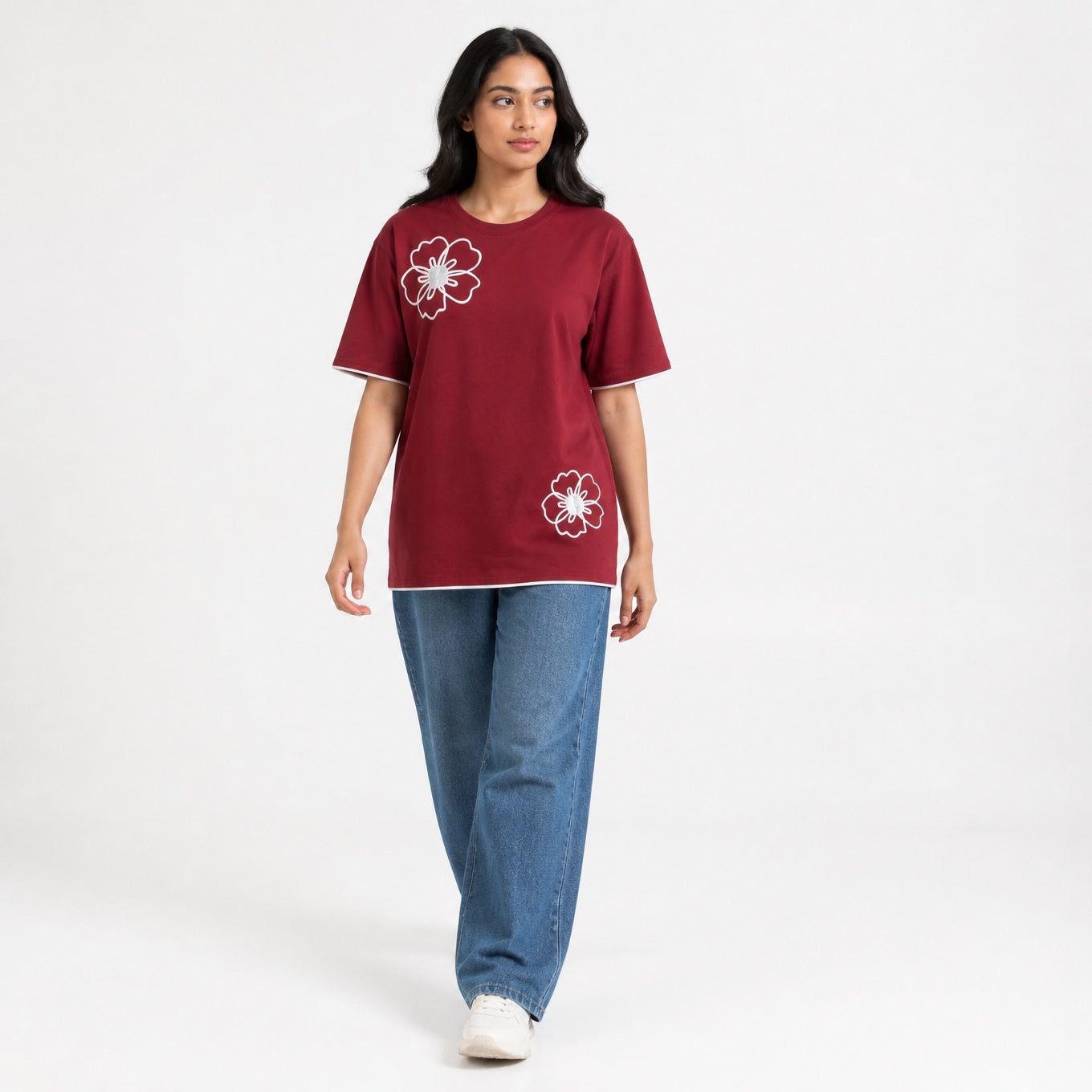Mono Bloom Tee - Maroon Oversize Flower Print T shirt