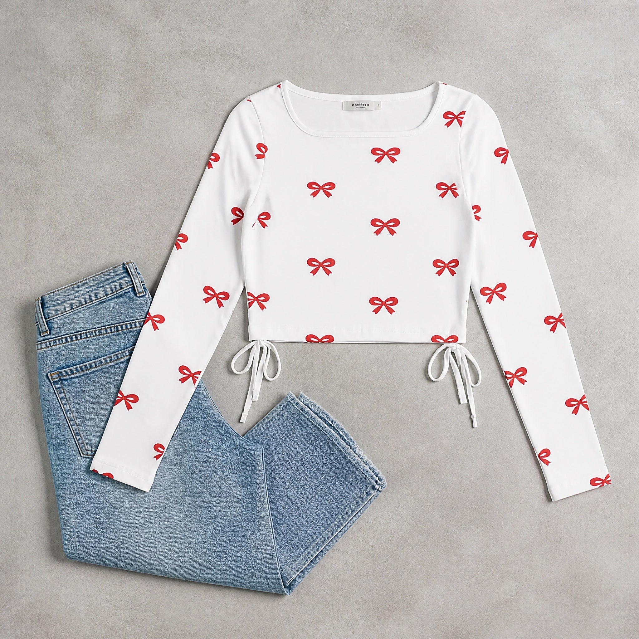 The Tied Bow- White ( Red Bow ) Print Crop top