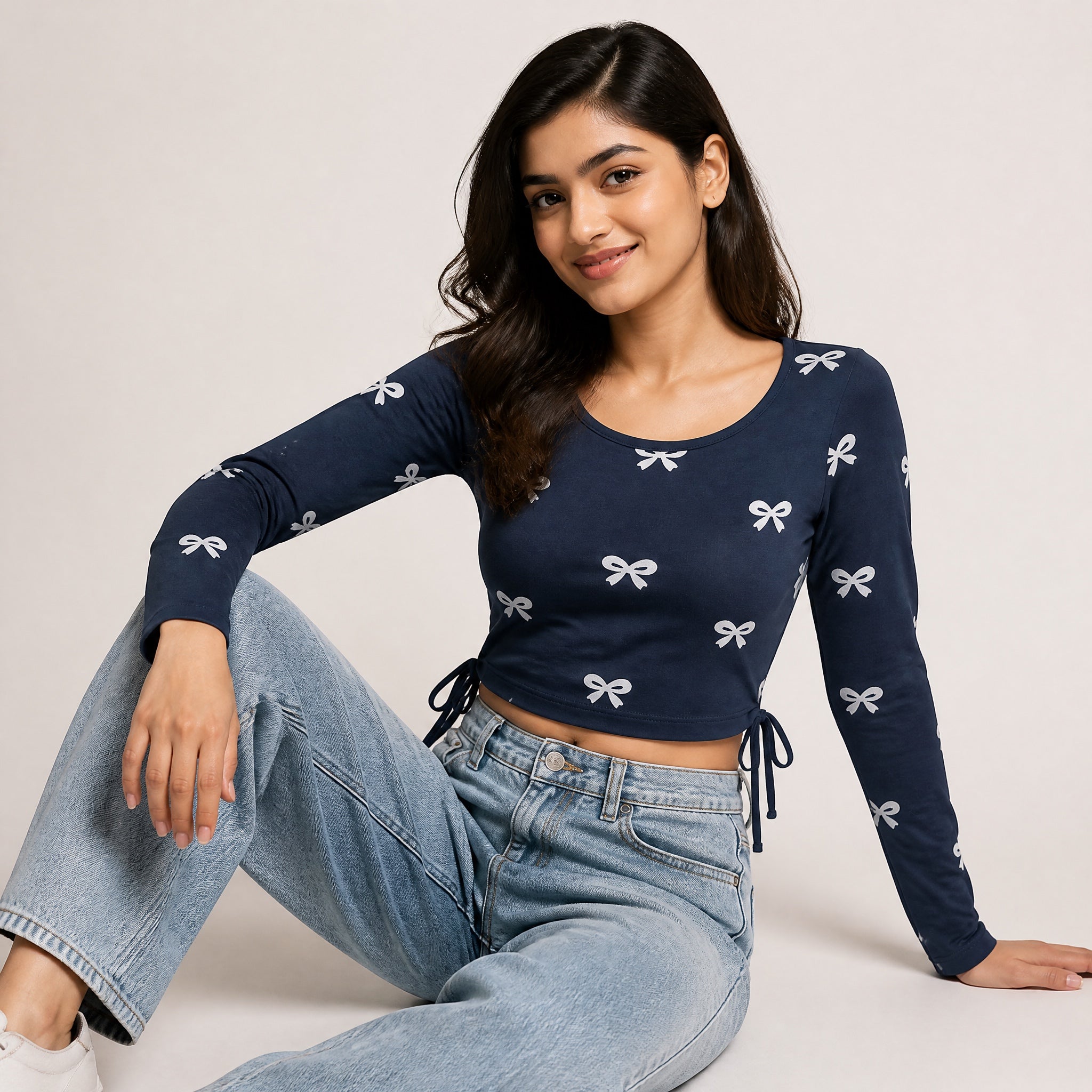 The Poised Bow - Blue ( White Bow ) Print Crop top