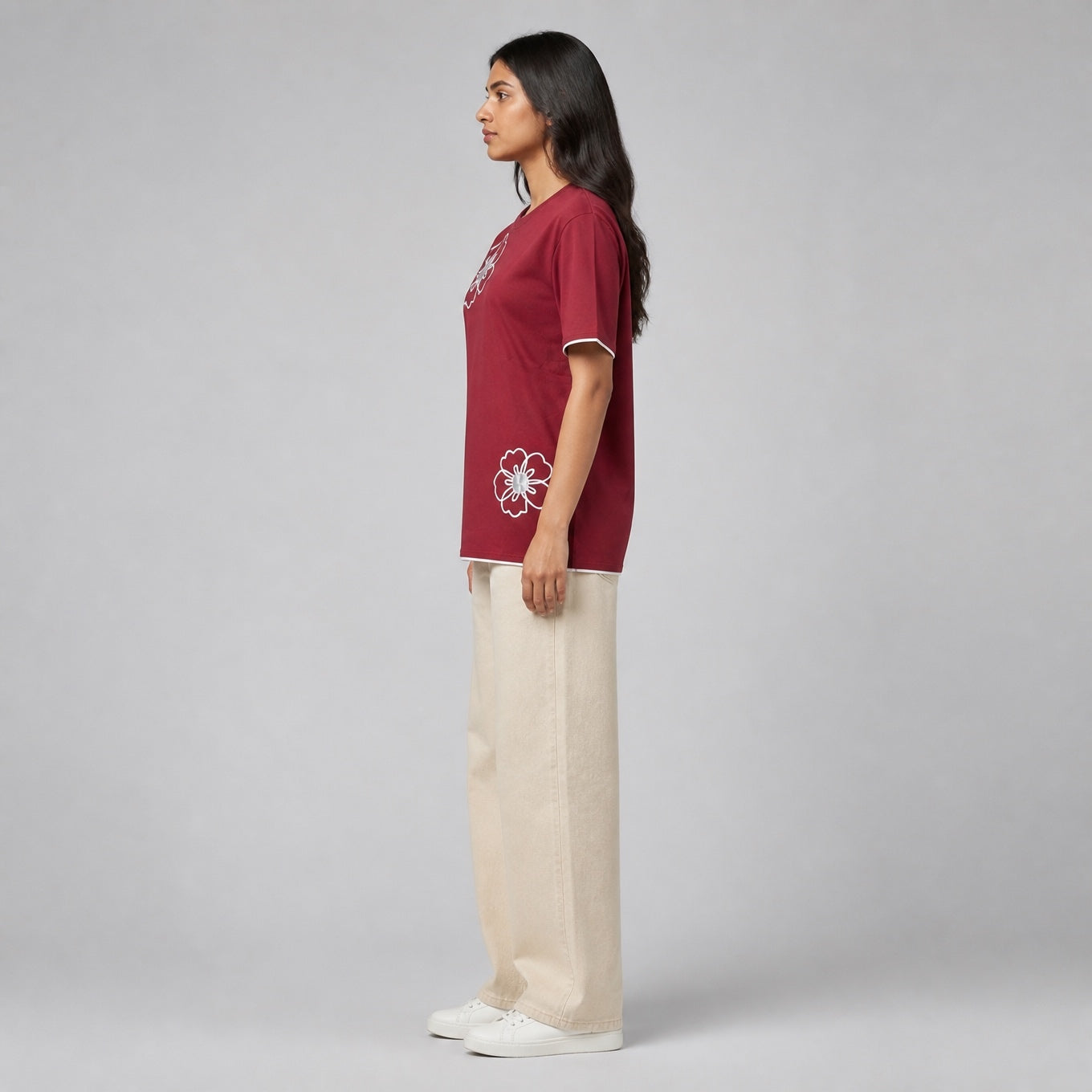 Mono Bloom Tee - Maroon Oversize Flower Print T shirt