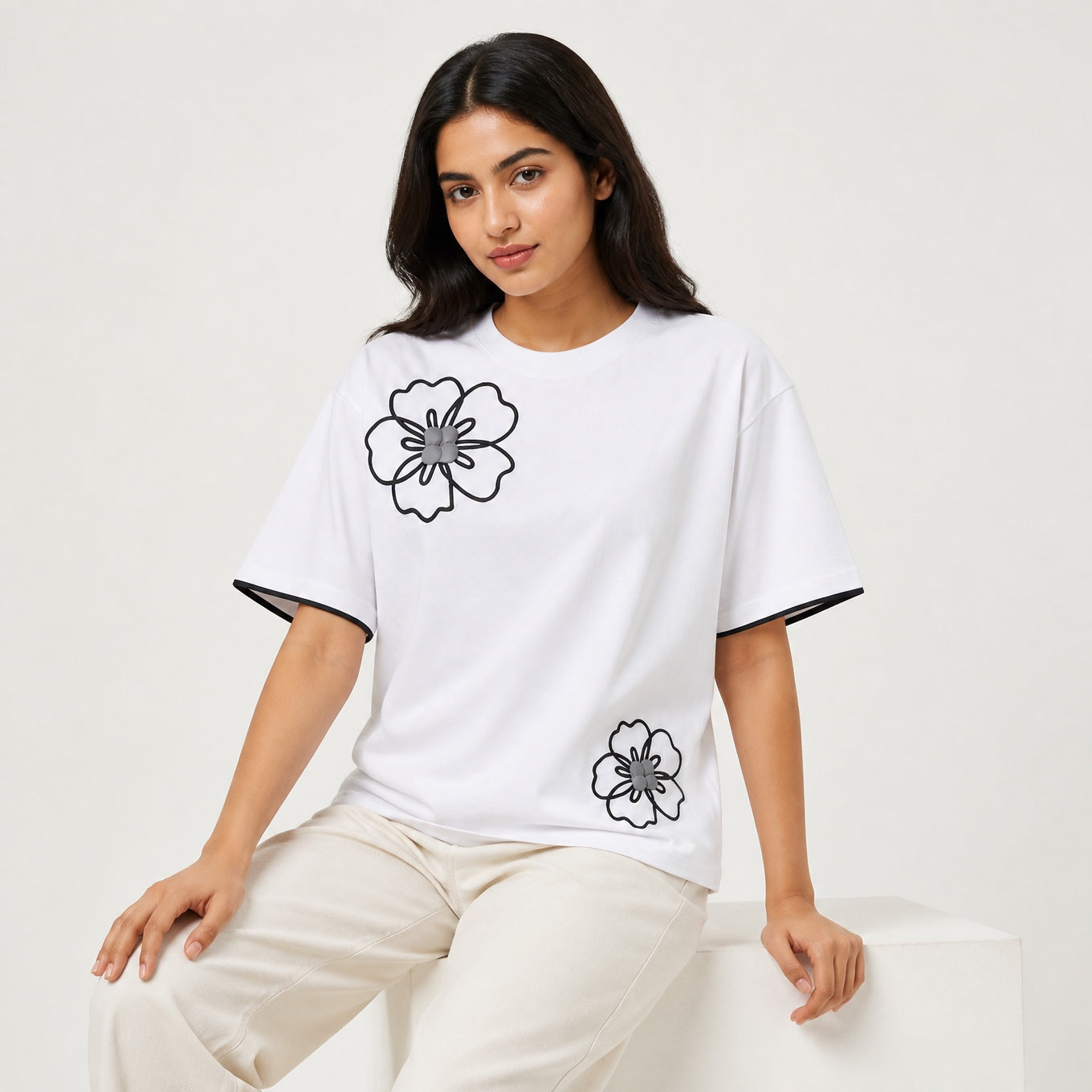 Cloud Bloom Tee - White Oversize Flower Print Tshirt