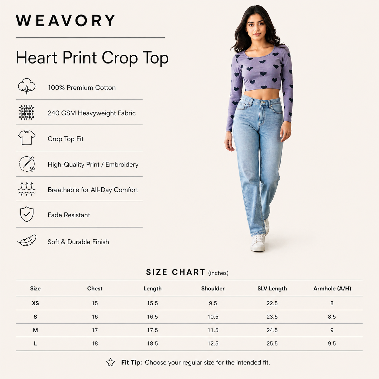 The Muted Heart - Purple (Navy Heart) Print Crop Top