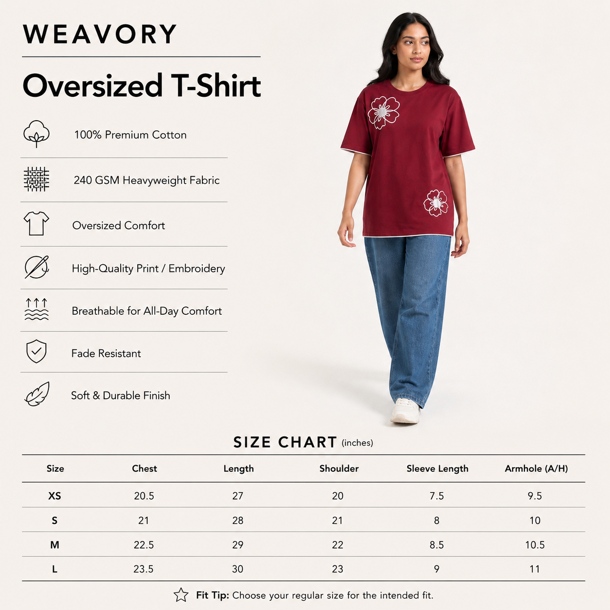 Mono Bloom Tee - Maroon Oversize Flower Print T shirt