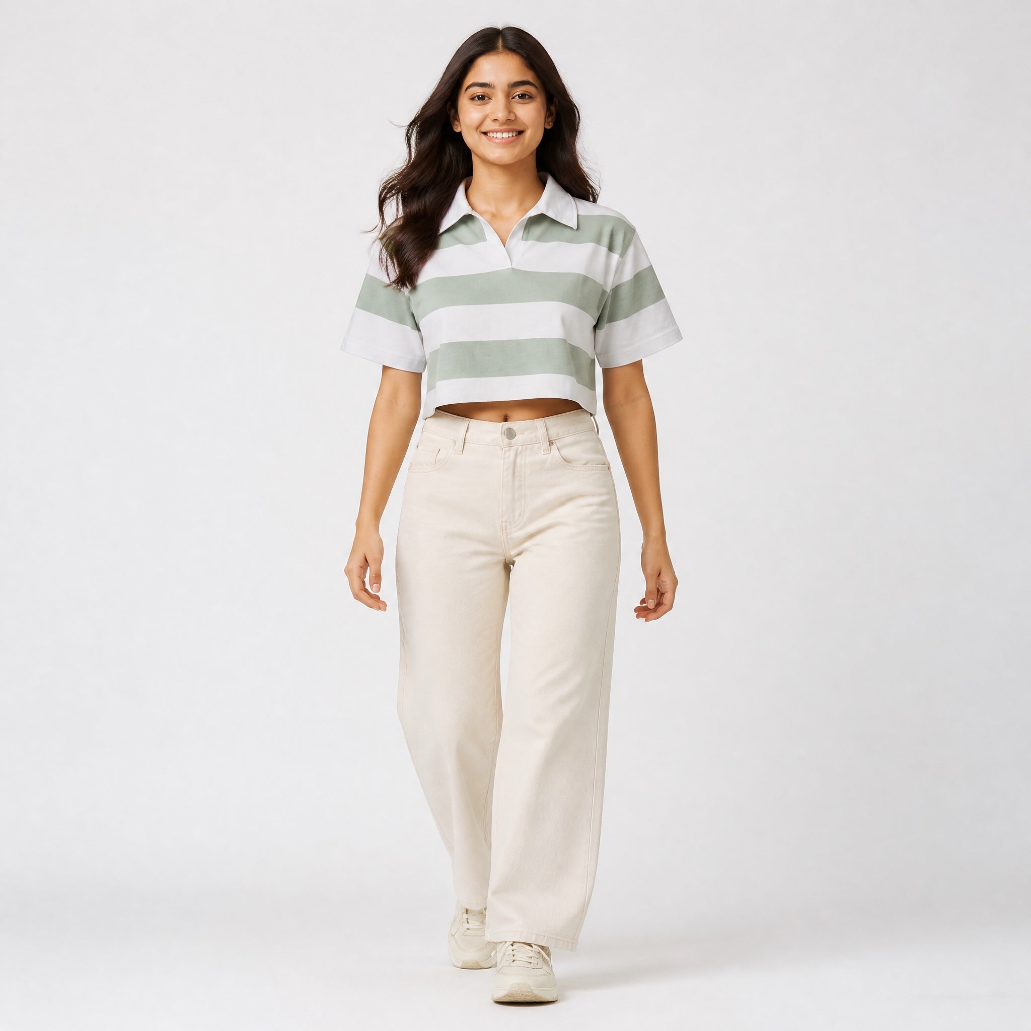The Unspoken Stripe - Teal Green & White Half Sleeve Polo Crop Top