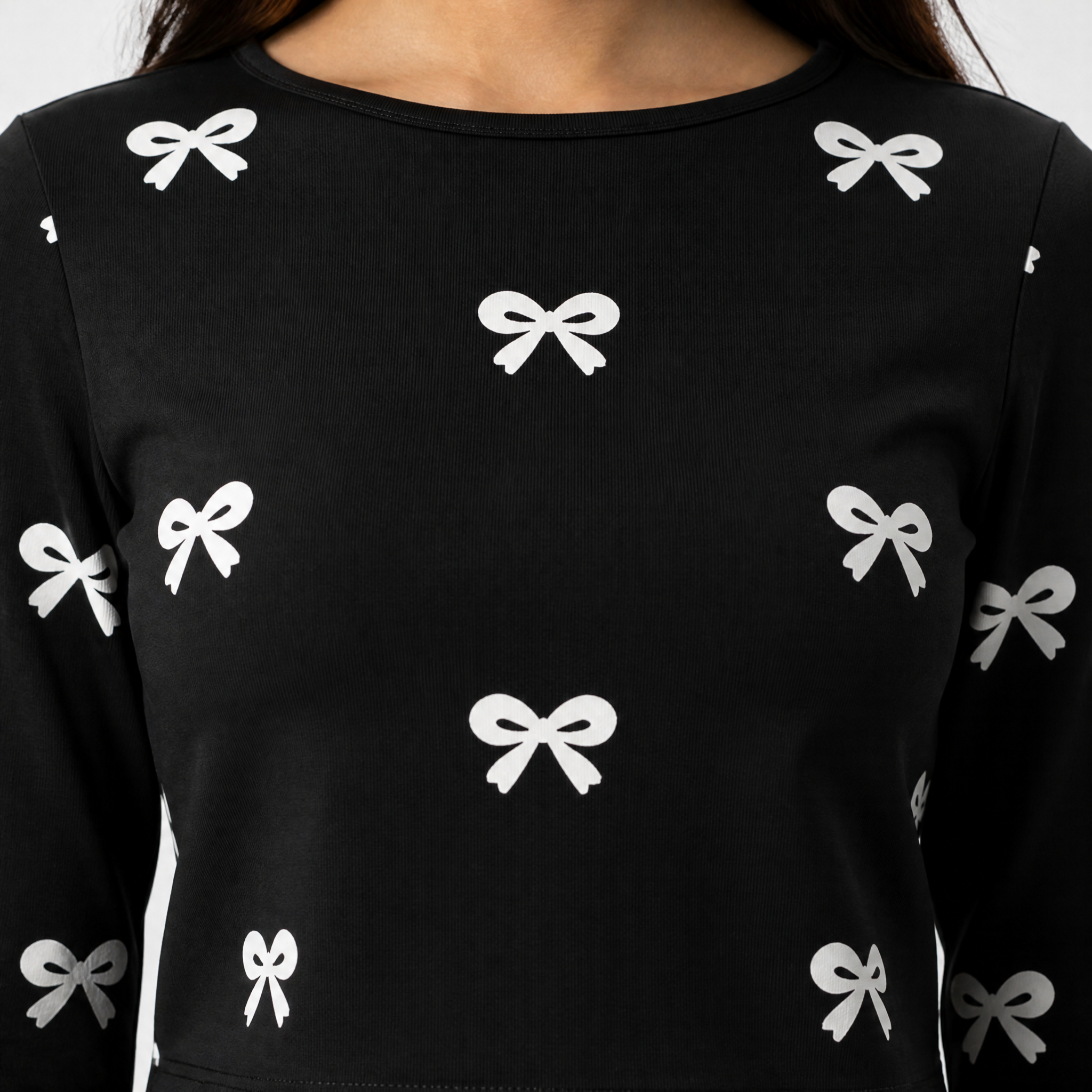 The Silent Bow - Black ( White Bow ) Print Crop top