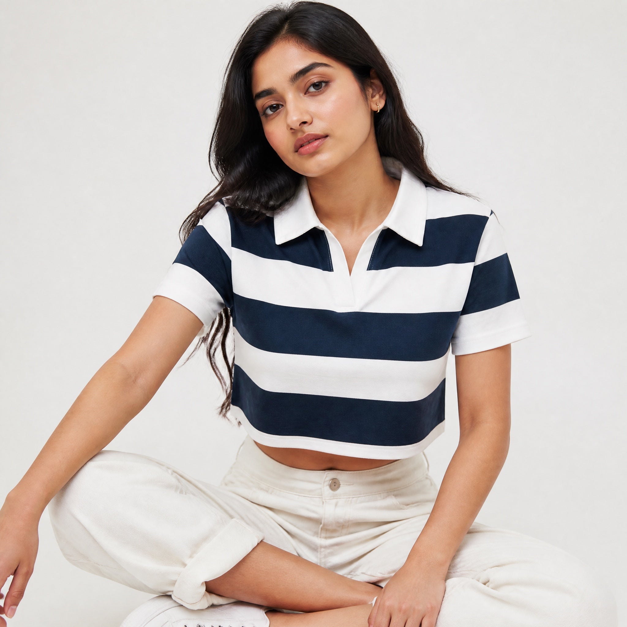 The Unbothered Stripe - Navy & White Polo Crop Top