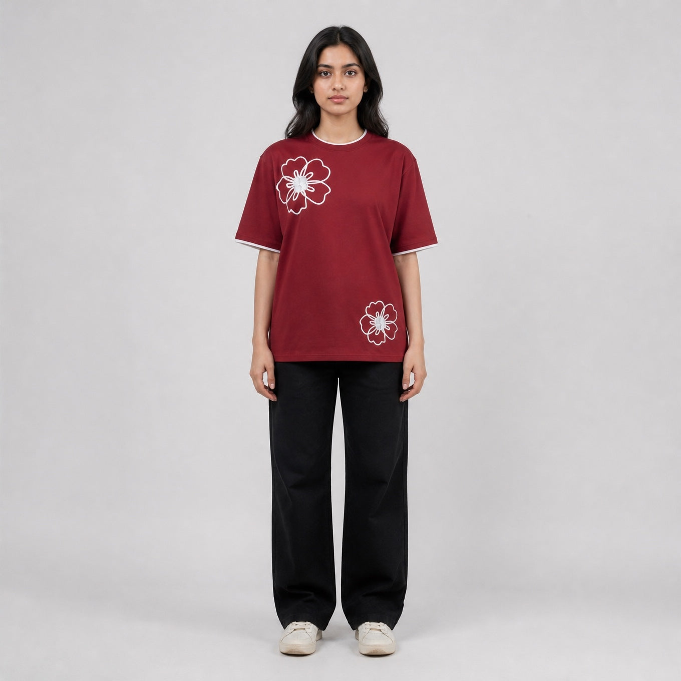 Mono Bloom Tee - Maroon Oversize Flower Print T shirt