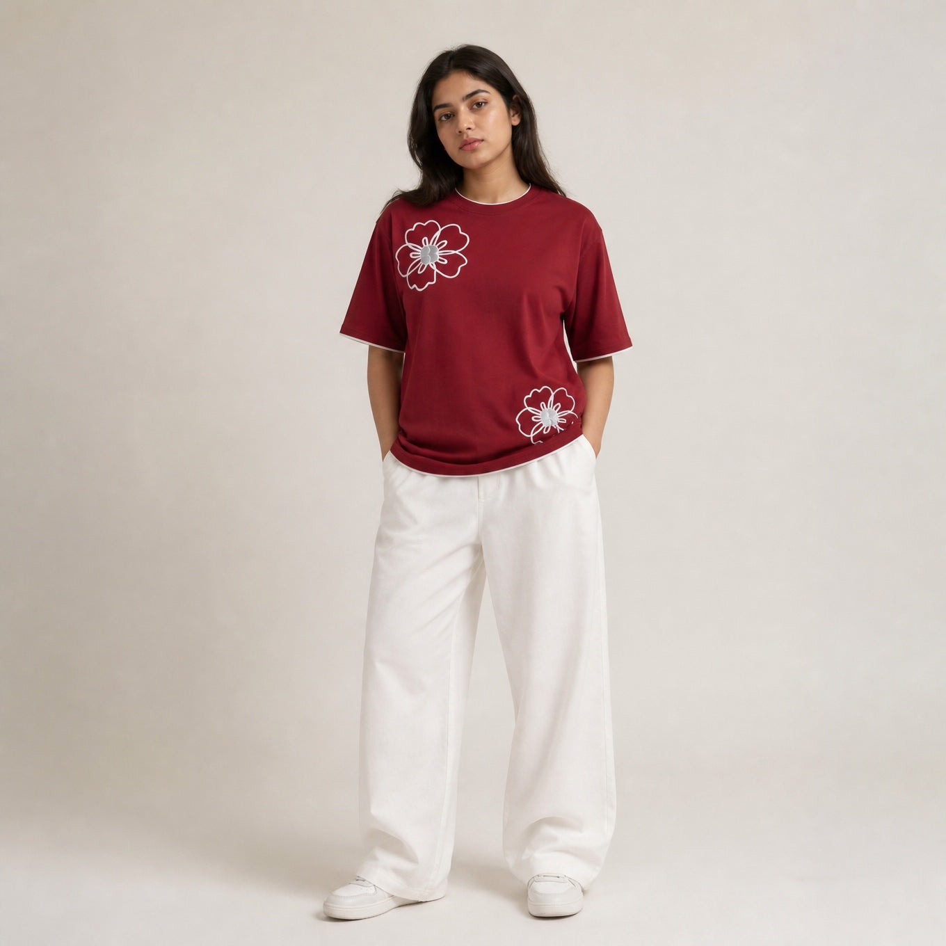 Mono Bloom Tee - Maroon Oversize Flower Print T shirt