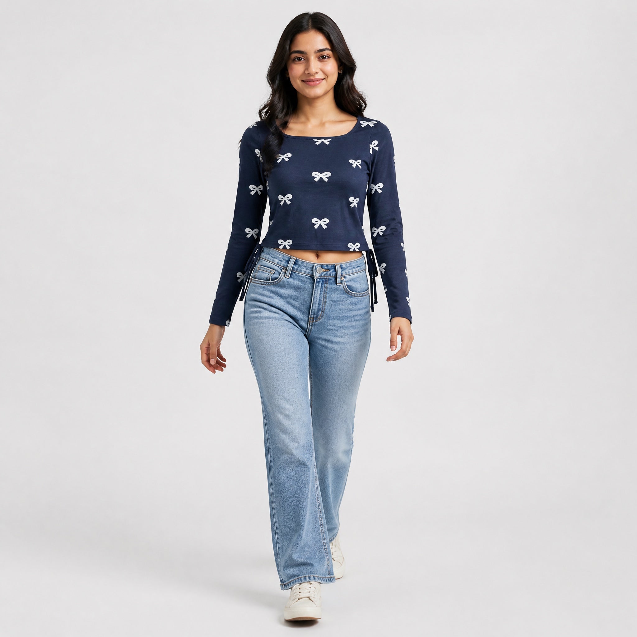 The Poised Bow - Blue ( White Bow ) Print Crop top