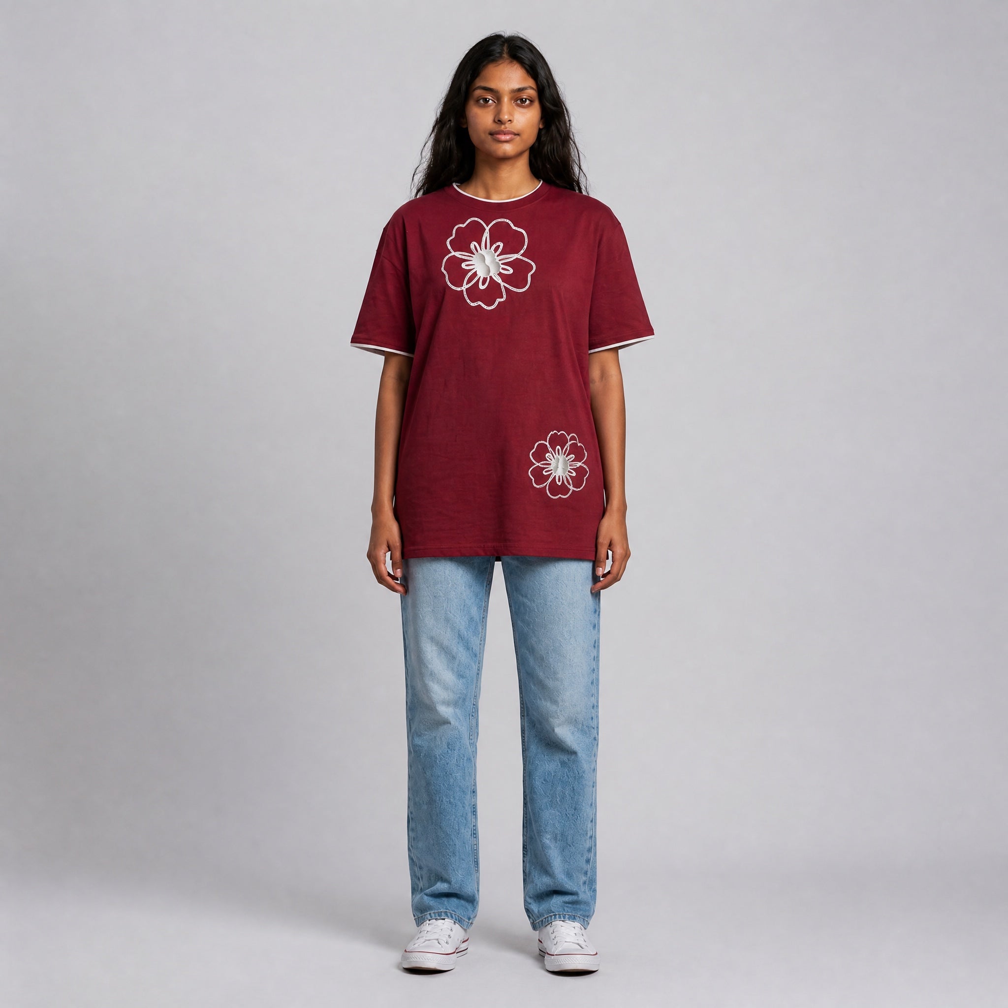 Mono Bloom Tee - Maroon Oversize Flower Print T shirt